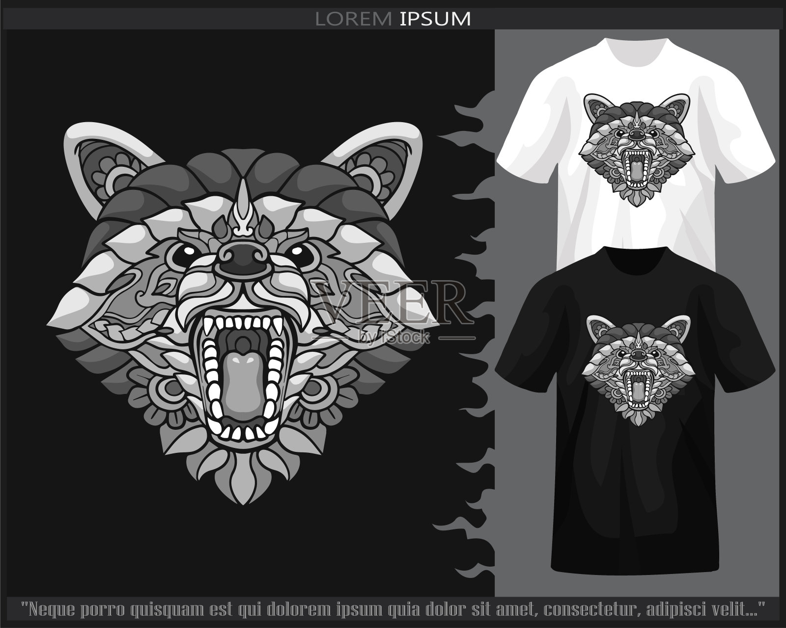 黑白t恤上孤立的单色浣熊头曼陀罗艺术。插画图片素材