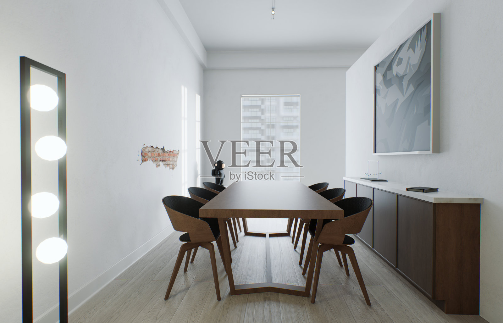 室内有一张大桌子。用餐区在室内。墙上的大画框和五斗橱。三维可视化照片摄影图片