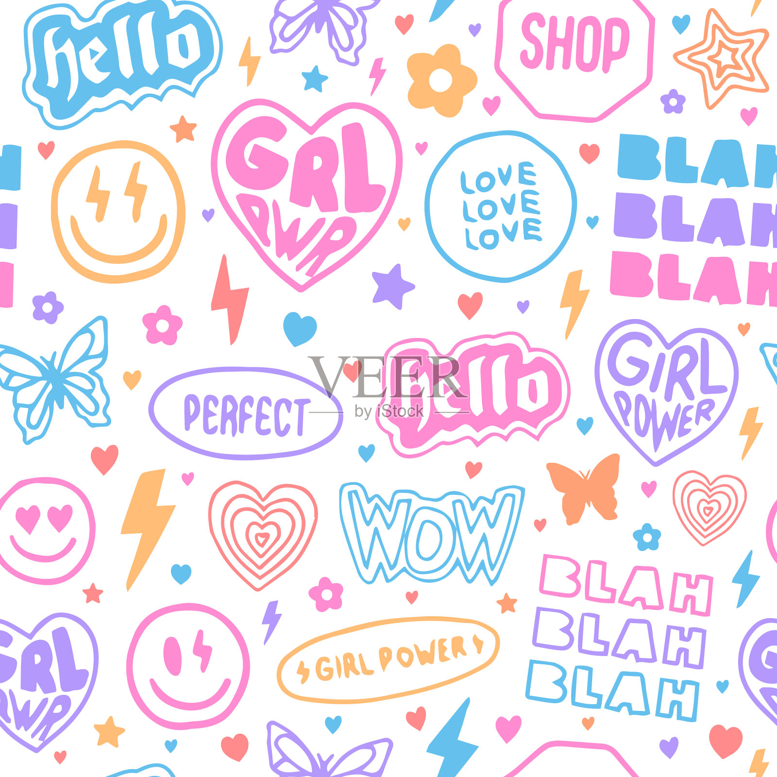 酷手绘少女贴纸拼贴无缝插画图片素材