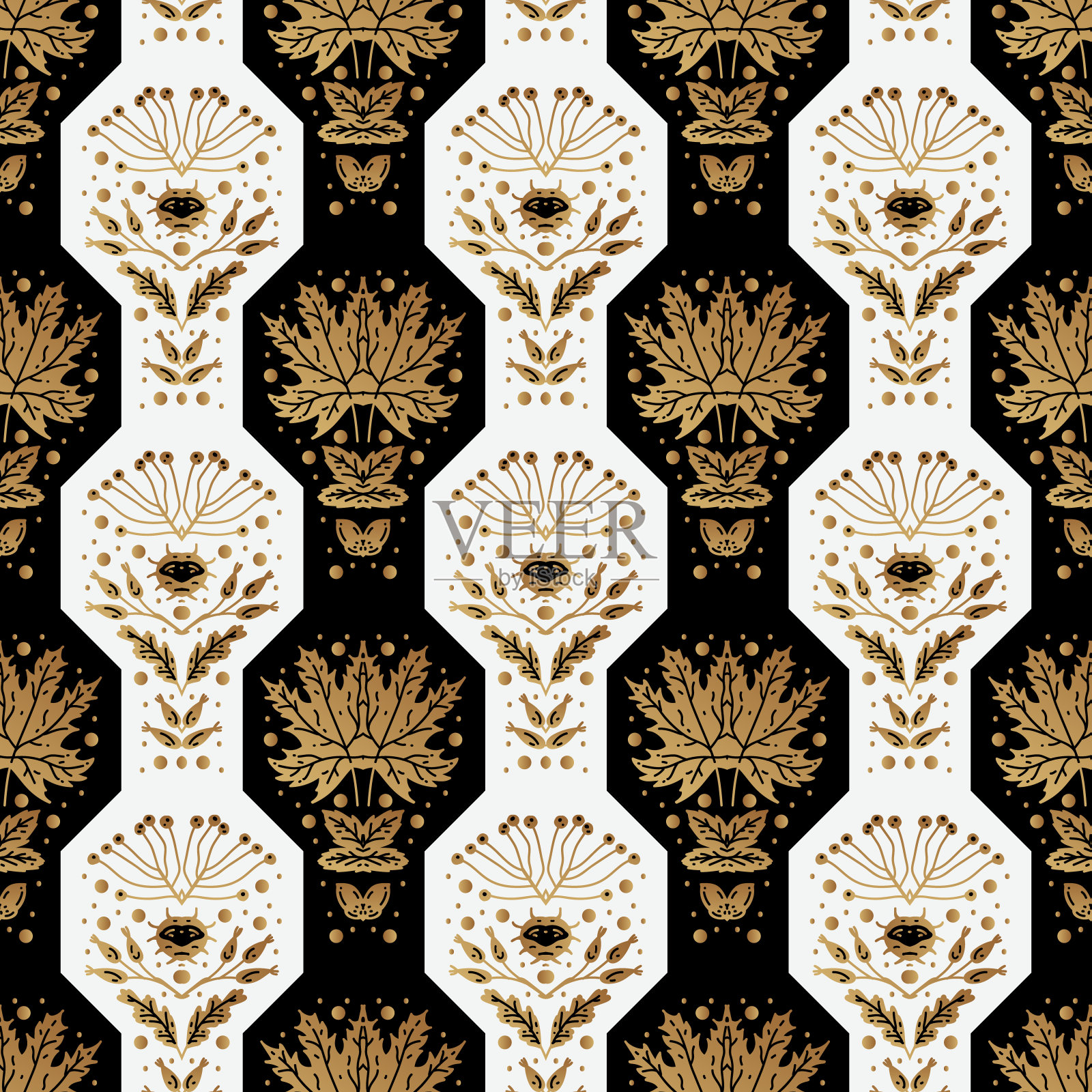 金色艺术装饰插画。豪华无缝图案与金叶子。插画图片素材