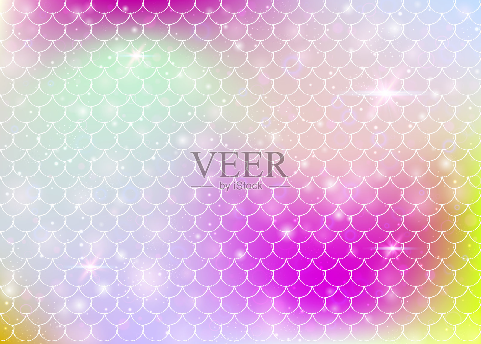 彩虹鳞片背景与卡哇伊美人鱼公主图案。插画图片素材