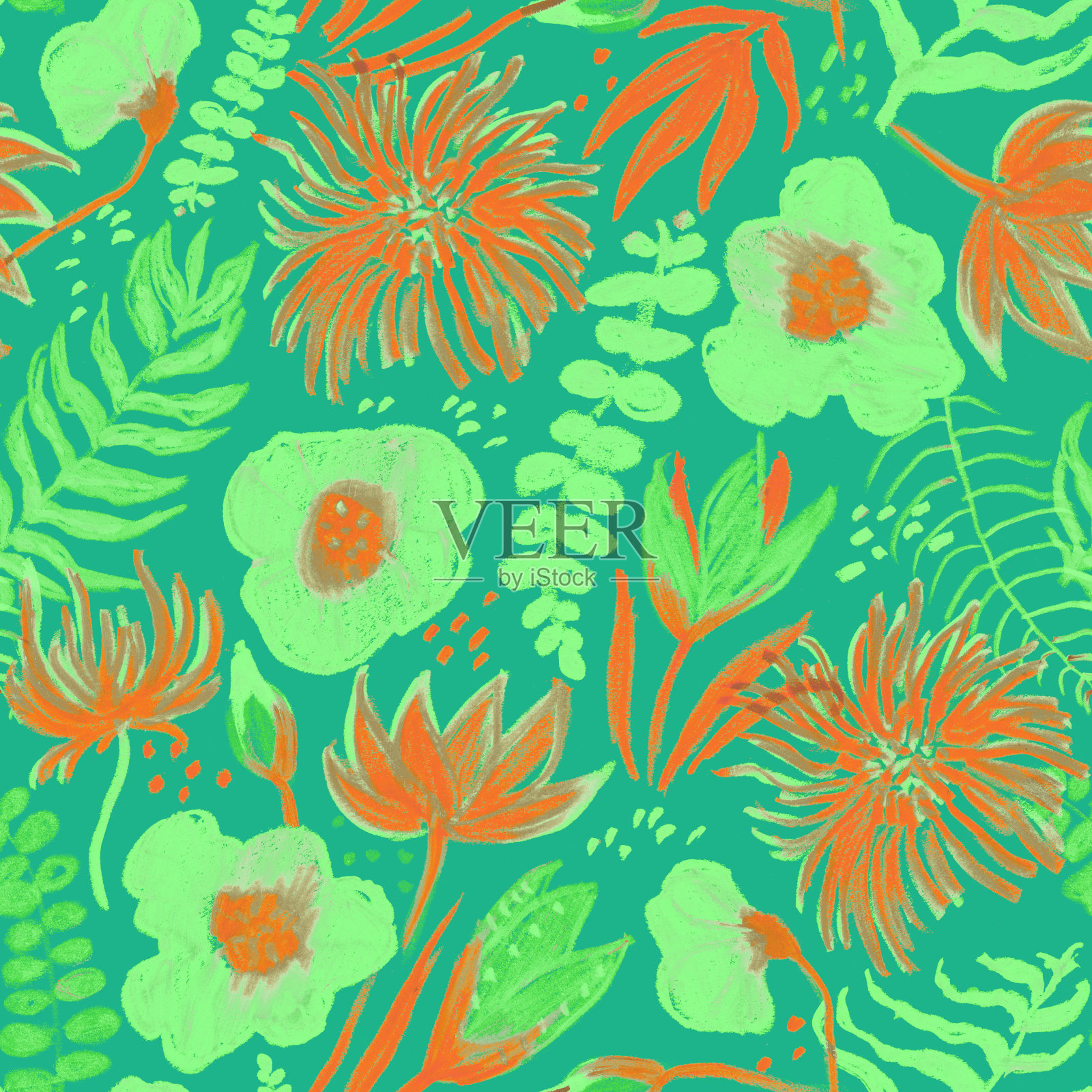 热带花园在绿色和橙色,无缝模式,背景手绘插图插画图片素材