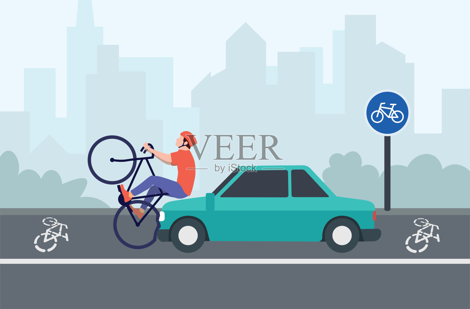 事故。汽车在自行车道上撞倒了一个骑自行车的人。插画图片素材