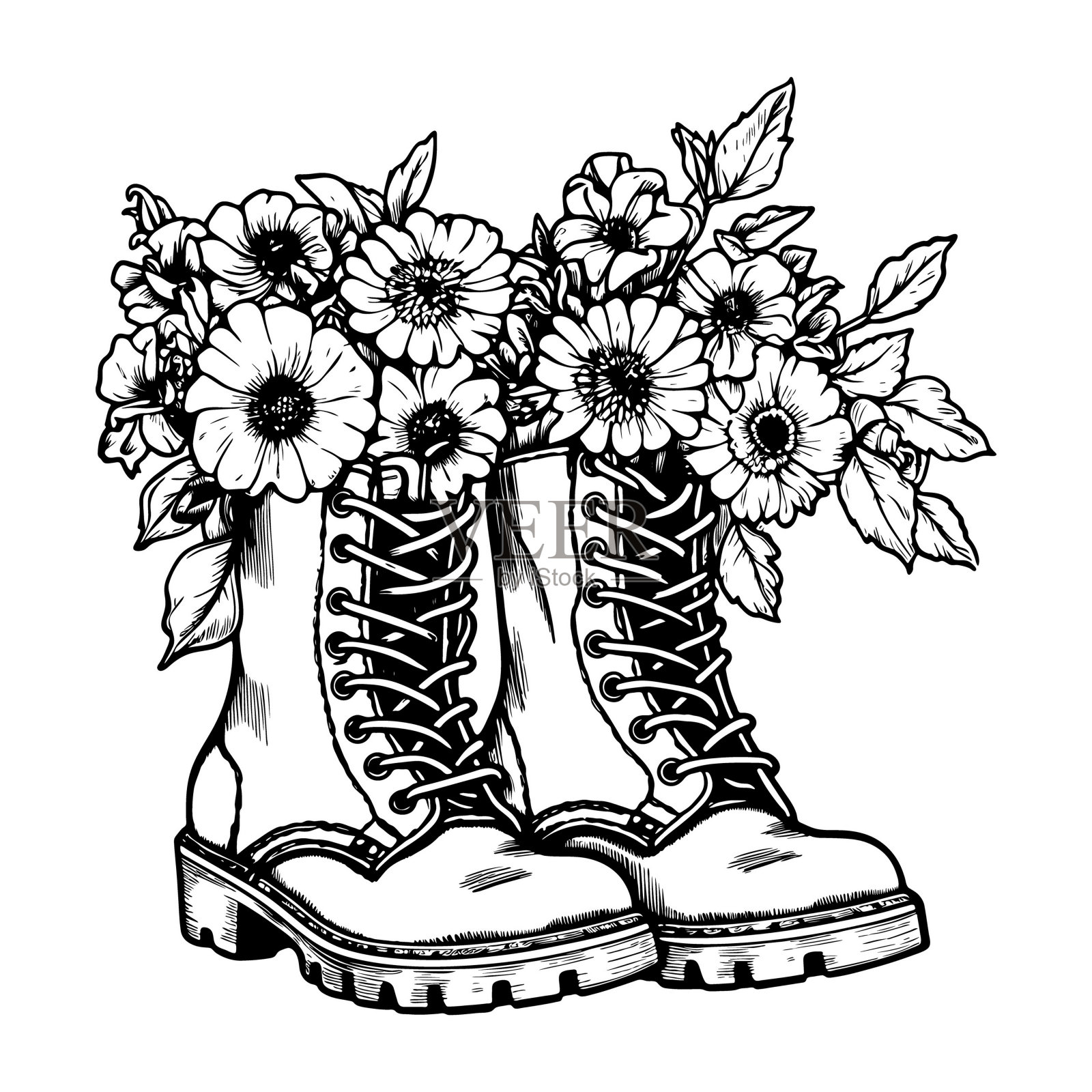黑色轮廓花在靴子。夏季植物矢量插图。花卉线条艺术绘画。插画图片素材