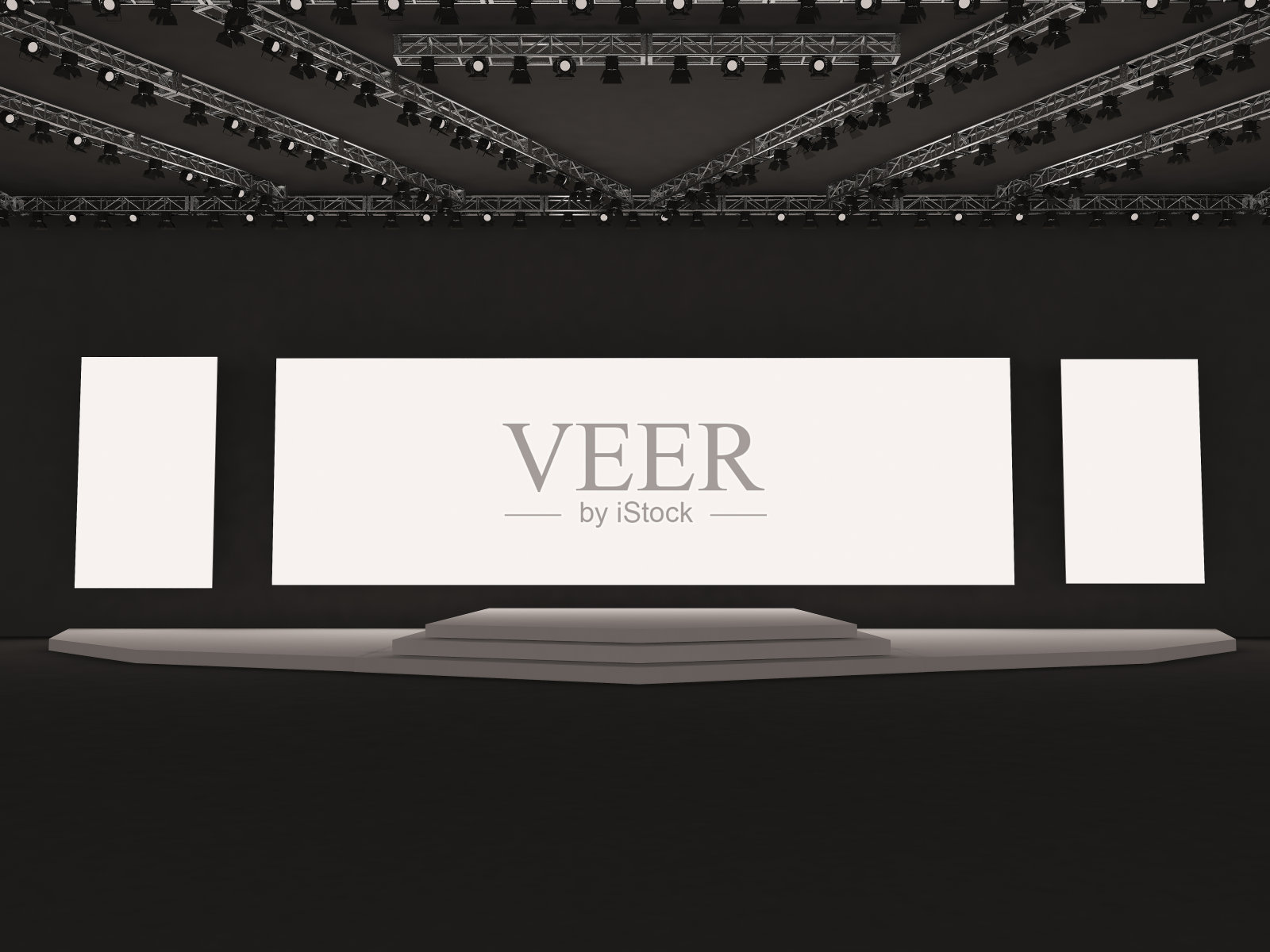 空的舞台前视图,矩形屏幕用于投影。天花板聚光灯系统,以及大厅的平台元素。空白屏幕。Led夜灯舞台。三维渲染图照片摄影图片