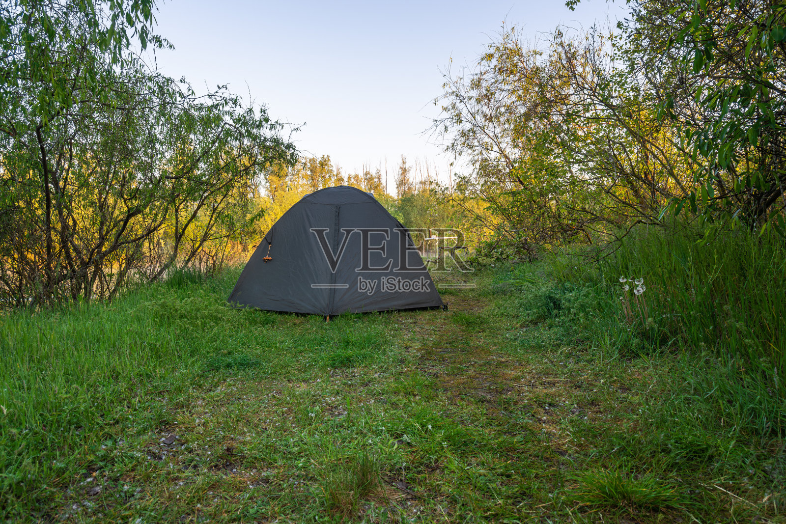 夏天日出时在河岸上支起帐篷照片摄影图片