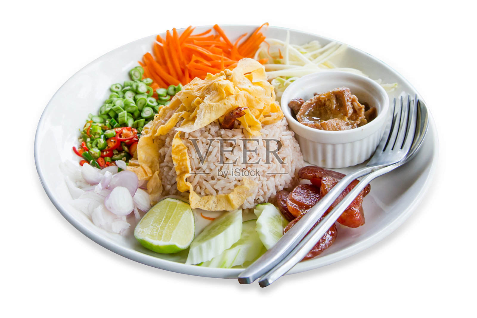 虾酱拌饭的俯视图,重点选择性照片摄影图片