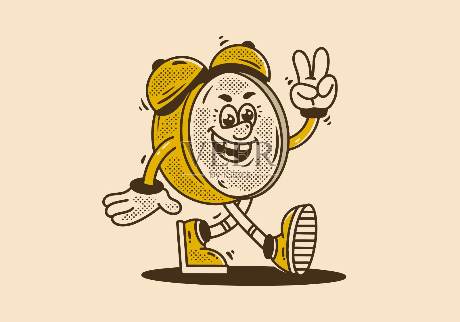 一个闹钟的吉祥物人物设计是快乐地走路插画图片素材