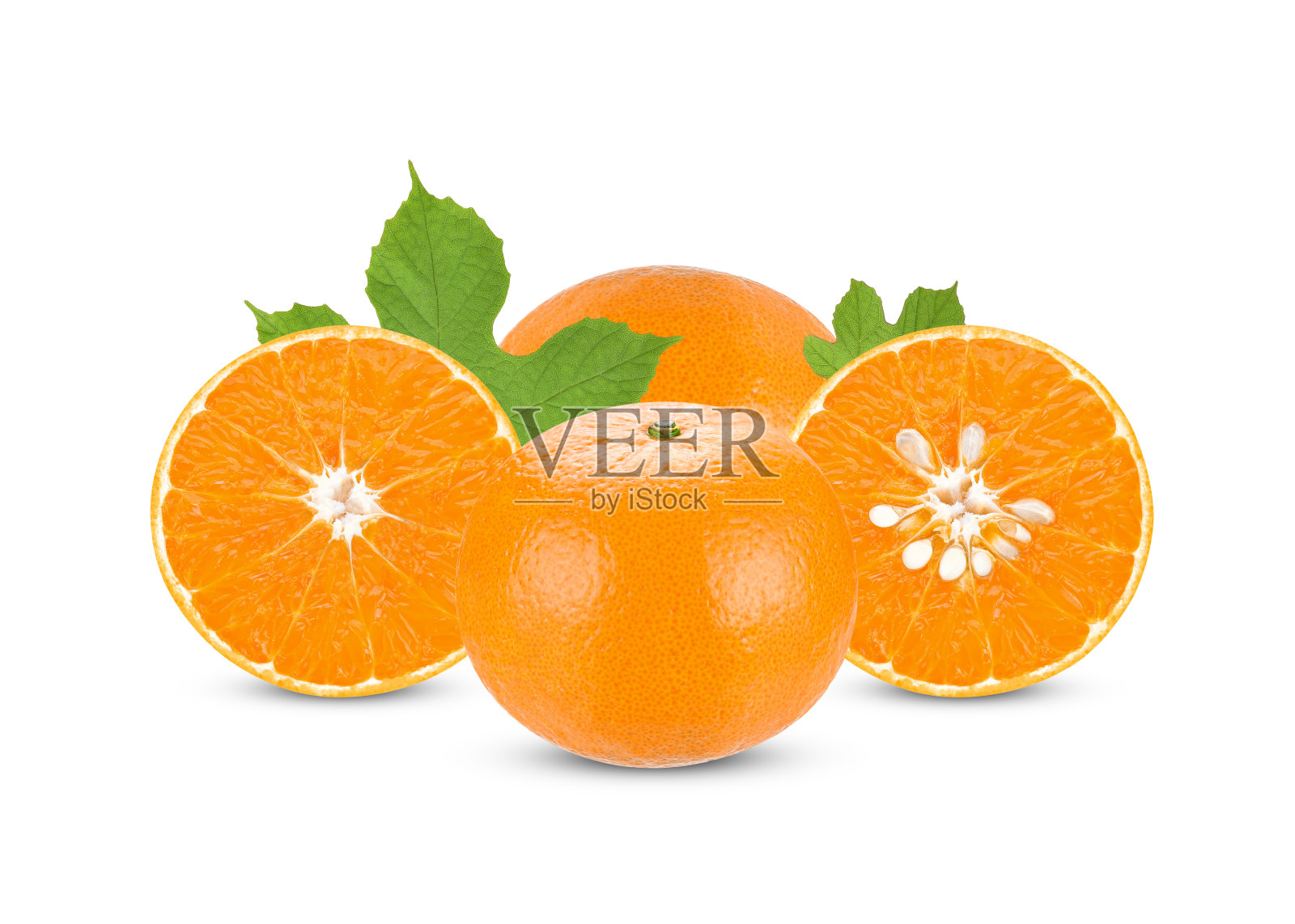 整个和切片的橙子,叶子孤立在白色上照片摄影图片