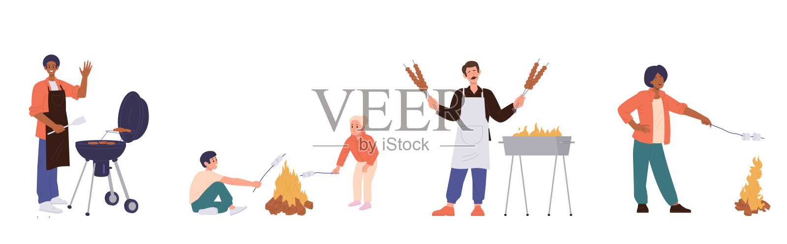 一组卡通人物在野餐时准备烧烤食物炸制棉花糖插画图片素材