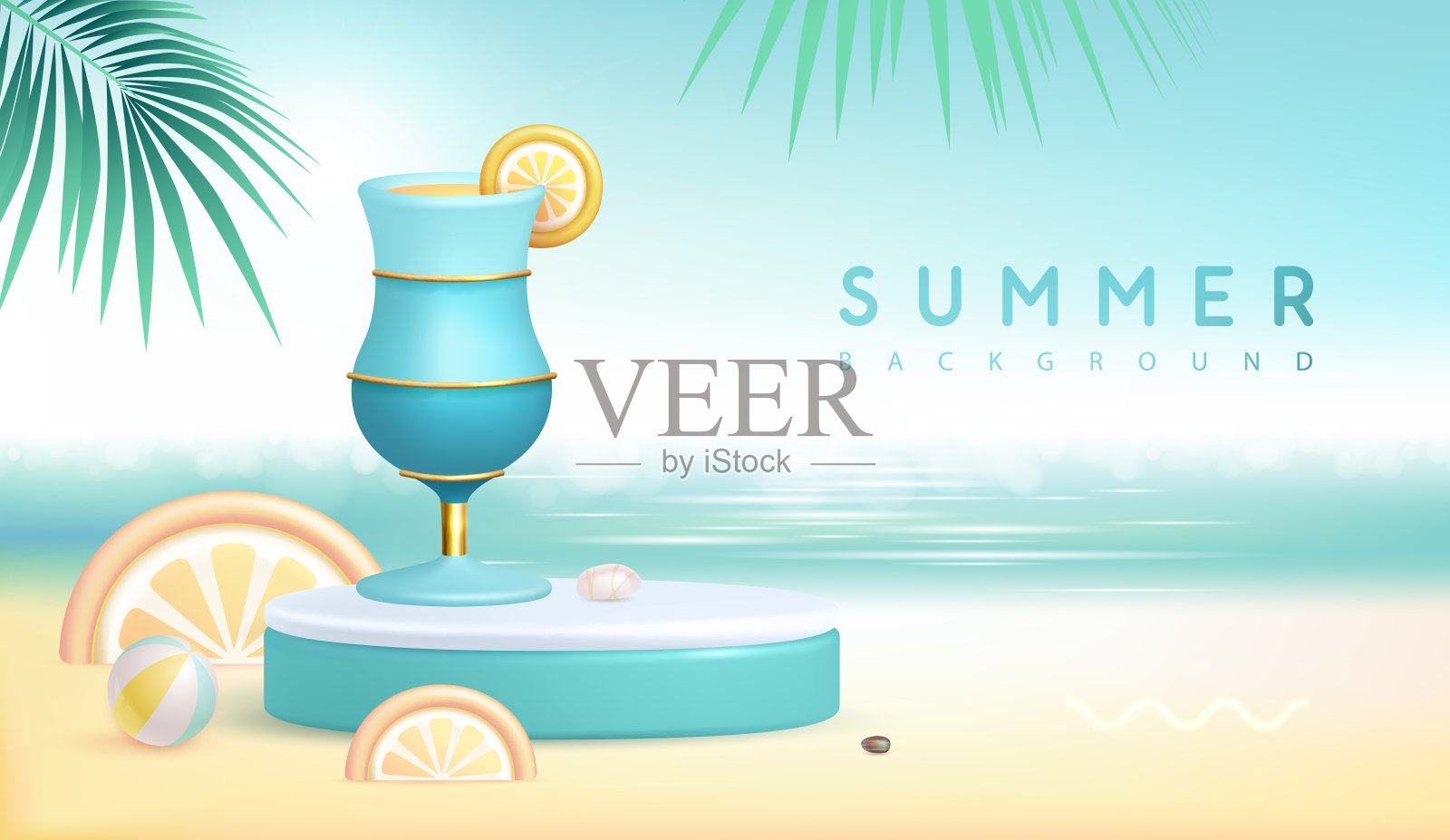 夏季海滩背景与3d舞台和鸡尾酒蓝色泻湖。五彩缤纷的夏日景象。矢量图插画图片素材