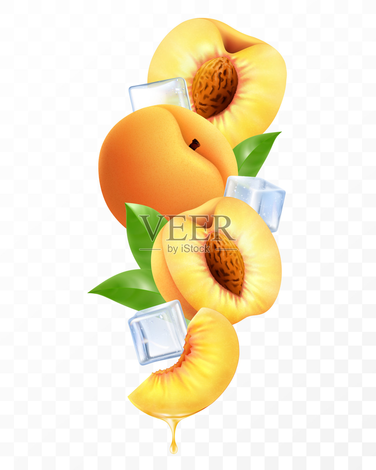 新鲜的桃子,冰块掉落或飞舞。组成元素桃子与树叶,整个桃子,一半和切片的桃子,三维逼真的矢量插图隔离在透明的背景插画图片素材