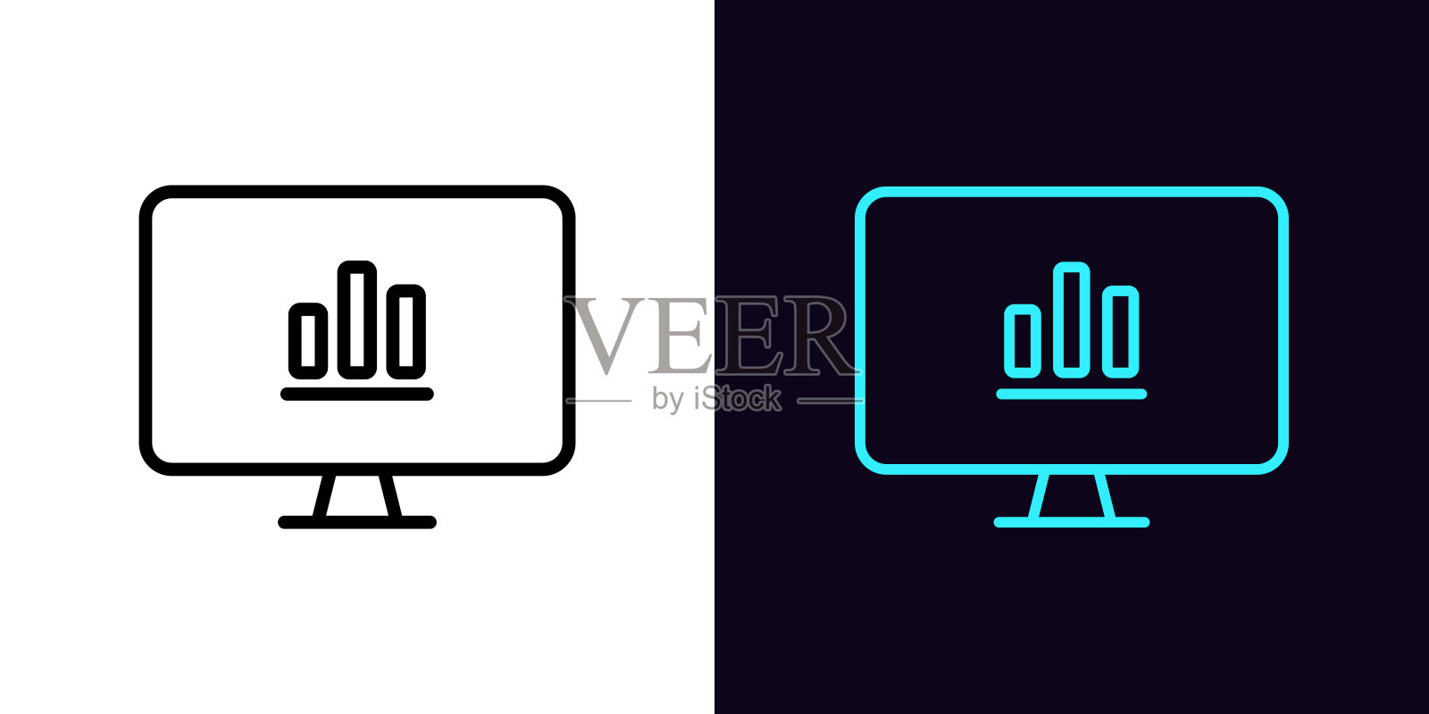 轮廓pc显示器图标,可编辑的笔画。监控屏幕带有条形图标志,显示数据报告。财务预测,统计信息和条形图结果图标素材