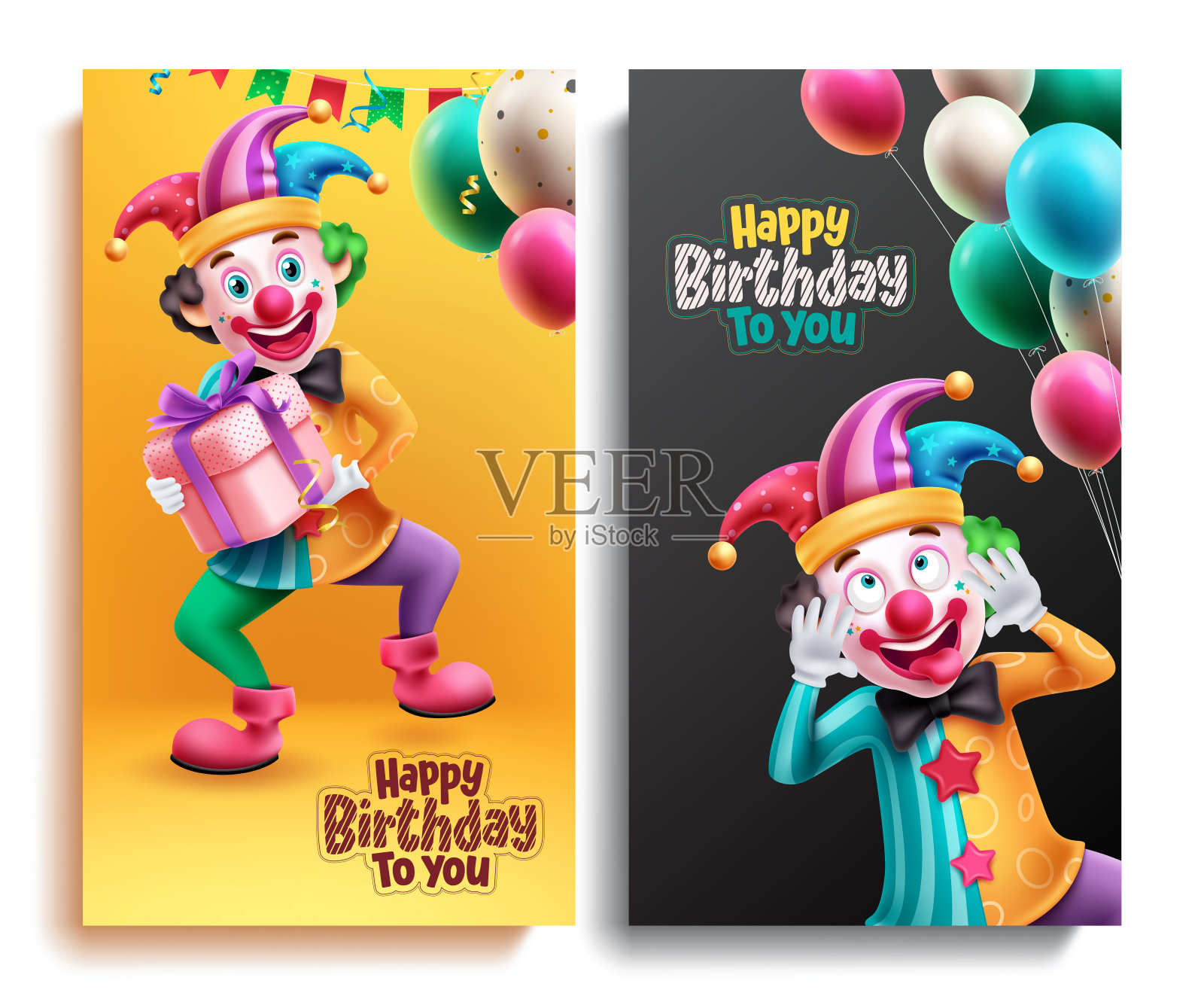 生日快乐矢量集海报设计。有滑稽小丑的生日请柬插画图片素材
