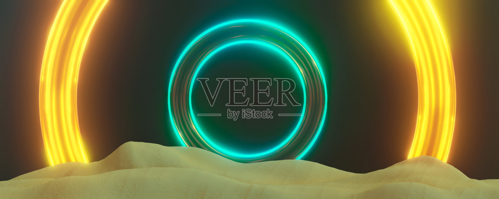 黄色和蓝色的霓虹灯在空旷的沙漠中发光,圆形照片摄影图片