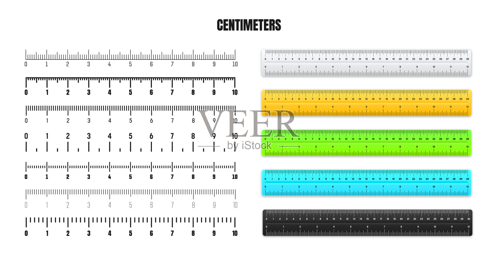 现实金属尺子,黑色厘米刻度,用于测量长度或高度。各种测量尺度与划分。尺,卷尺标记,尺寸指示器。矢量图插画图片素材