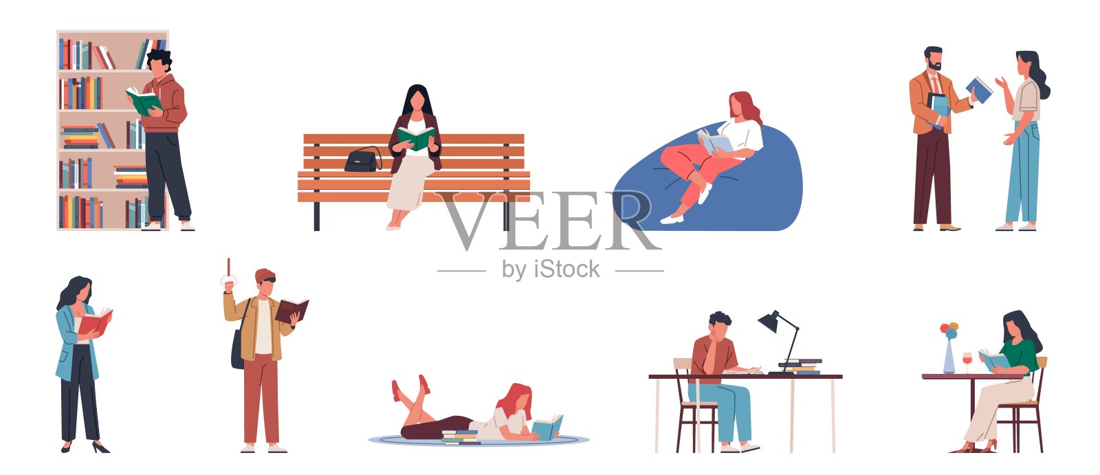 快乐的读者。手里拿着书本的书迷,图书馆、公园、家里的人,准备考试的学生,教育和爱好。卡通平面插图,目前矢量集插画图片素材