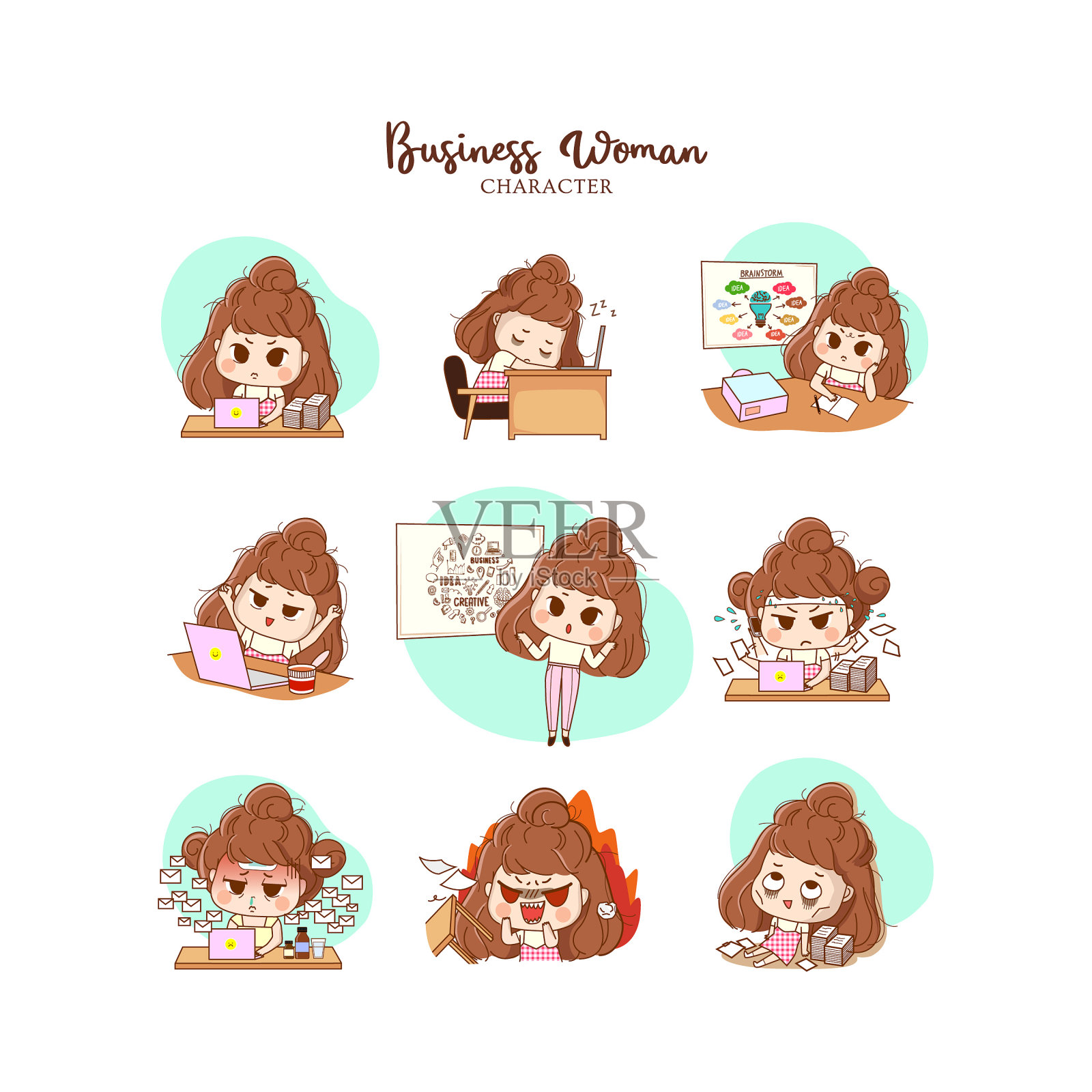 职业倦怠综合症。疲惫的女性在努力工作。插画图片素材