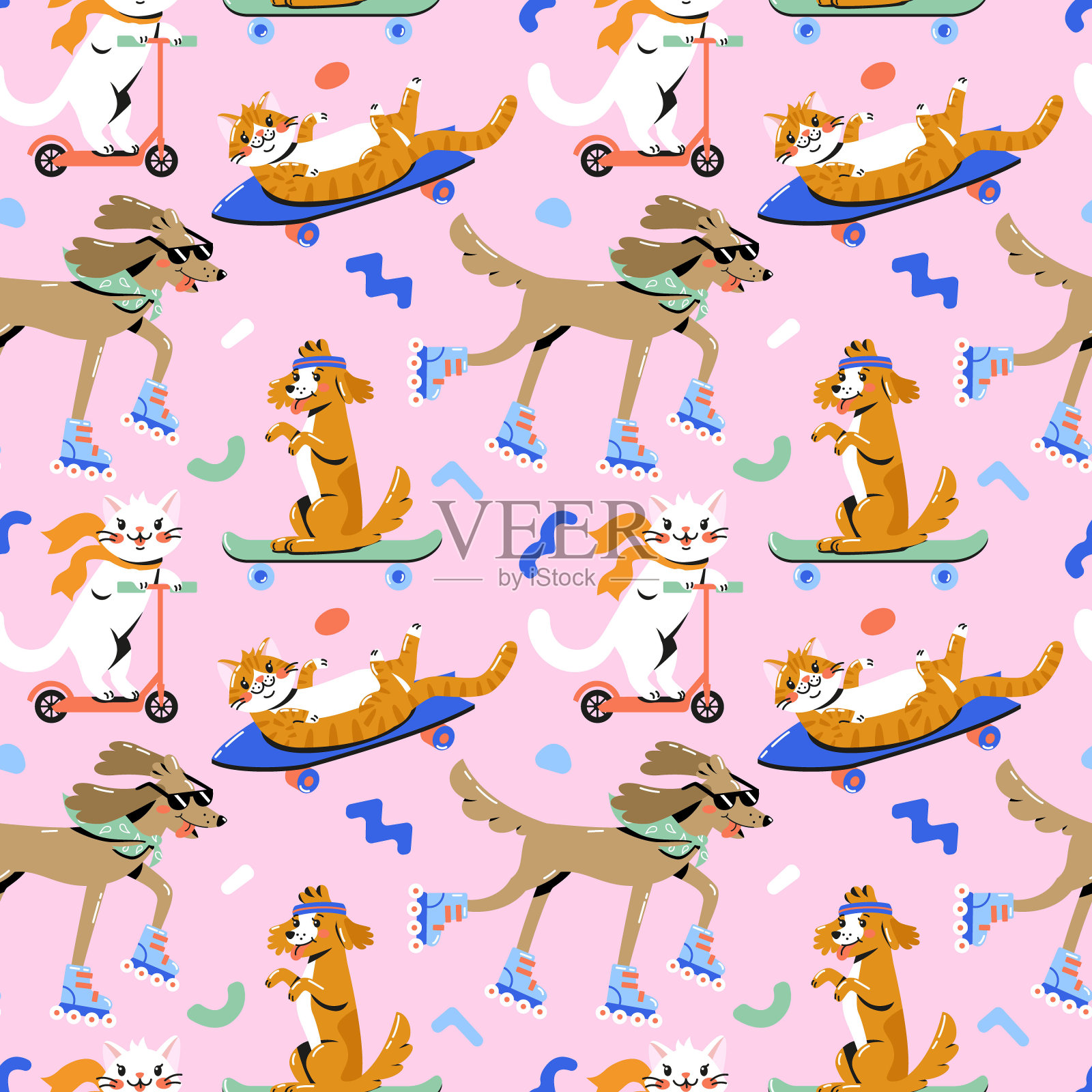 无缝图案与酷可爱的猫和狗骑滑板,旱冰鞋和滑板车。插画图片素材