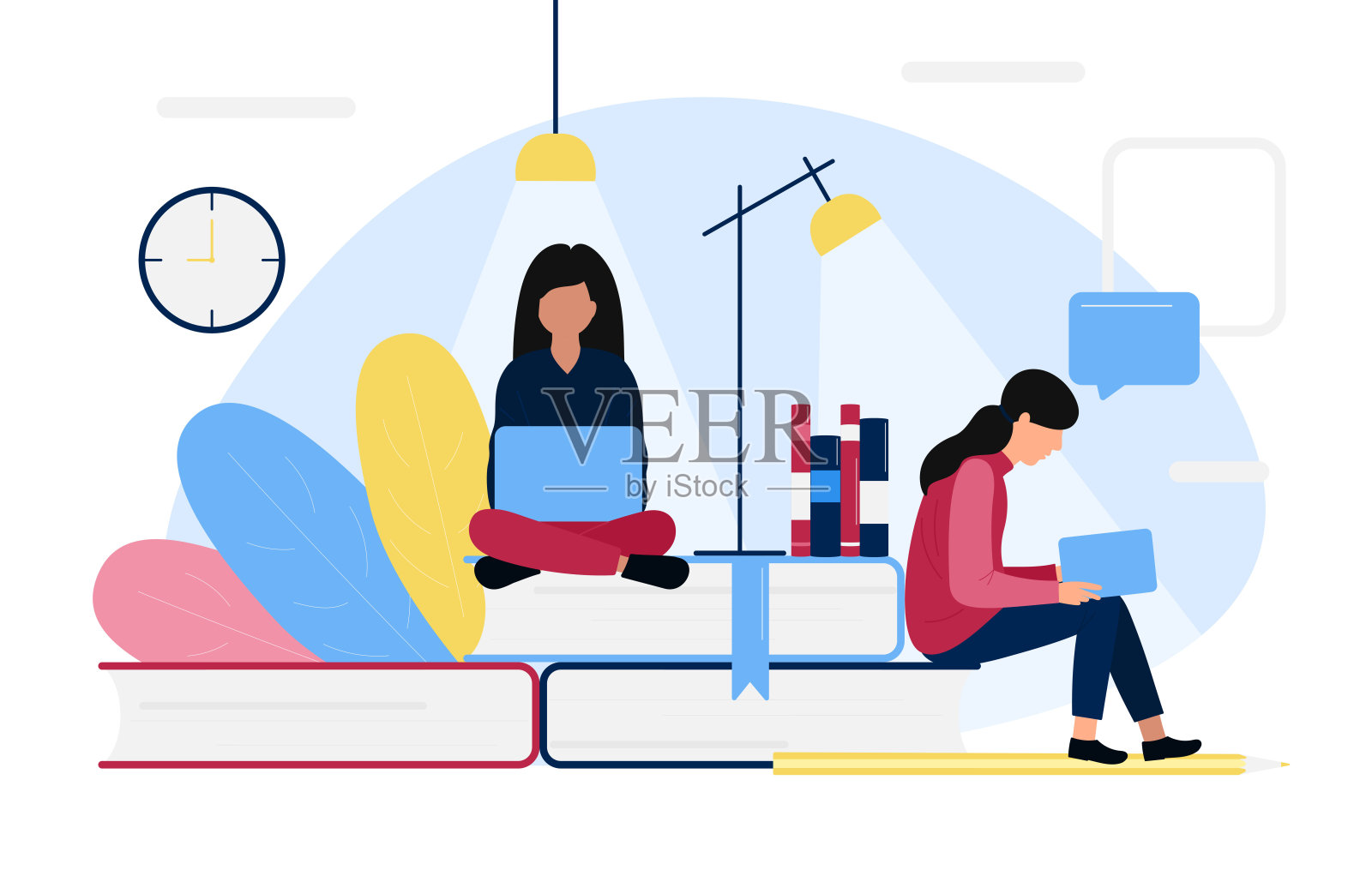 女学生坐在一摞书上。教育与个人成长的理念。自我发展。插画图片素材