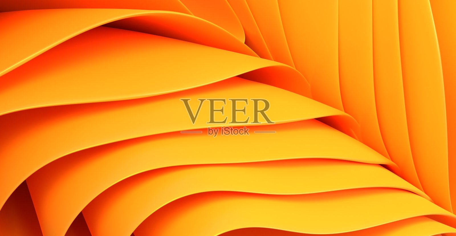 3d渲染抽象黄橙分层背景。时尚壁纸与折叠丝带,波浪纹理纸或织物卷边。优雅的纺织层次,几何艺术线条图案照片摄影图片