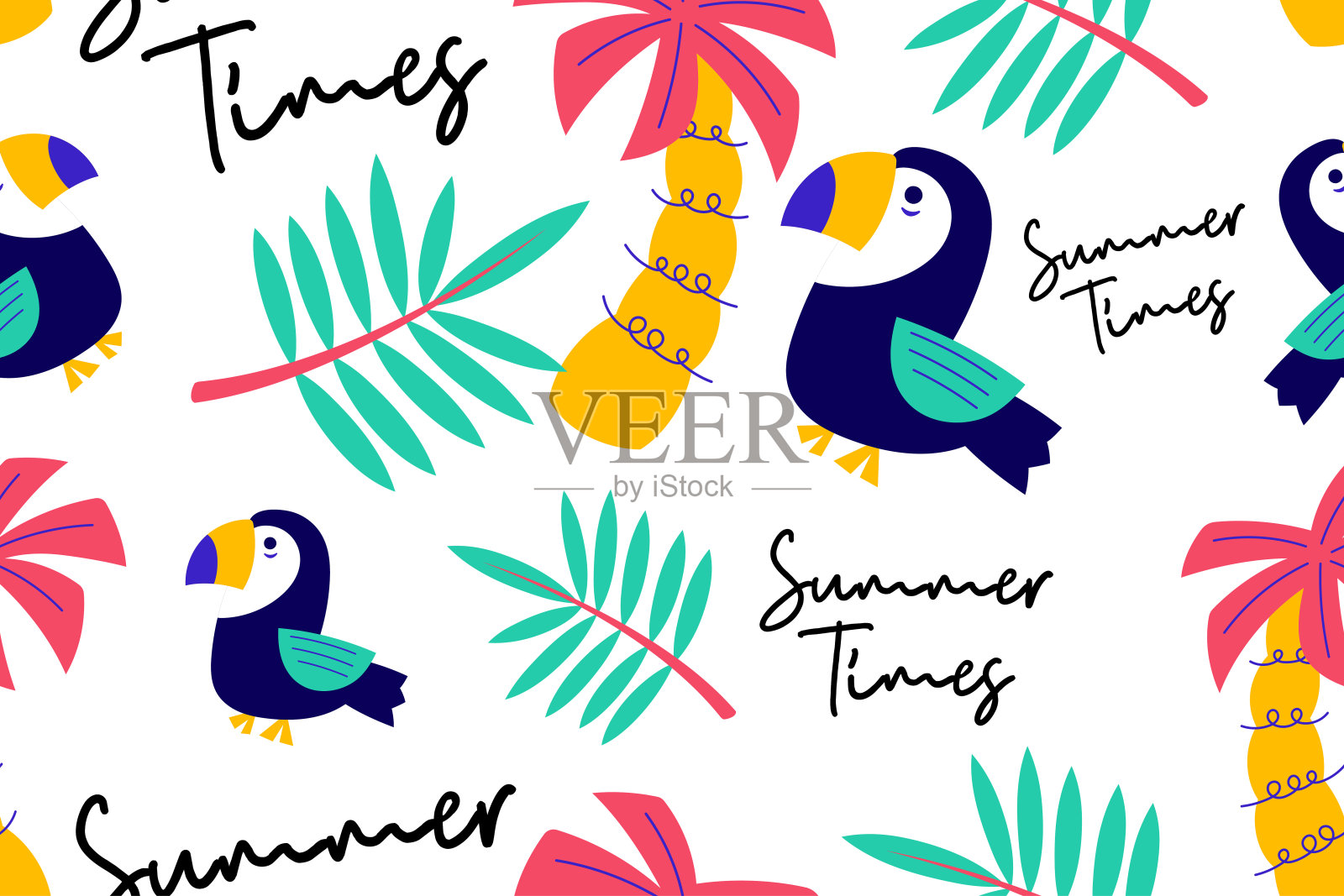 色彩缤纷的热带夏季无缝图案。手绘涂鸦美丽海滩夏天的孩子背景壁纸时尚图形印刷,纺织品,服装,包装纸矢量插画图片素材