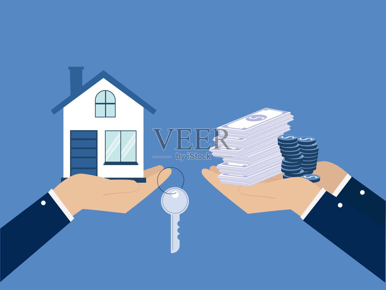 手到房屋等手铐与现金现金租金。矢量插图。插画图片素材