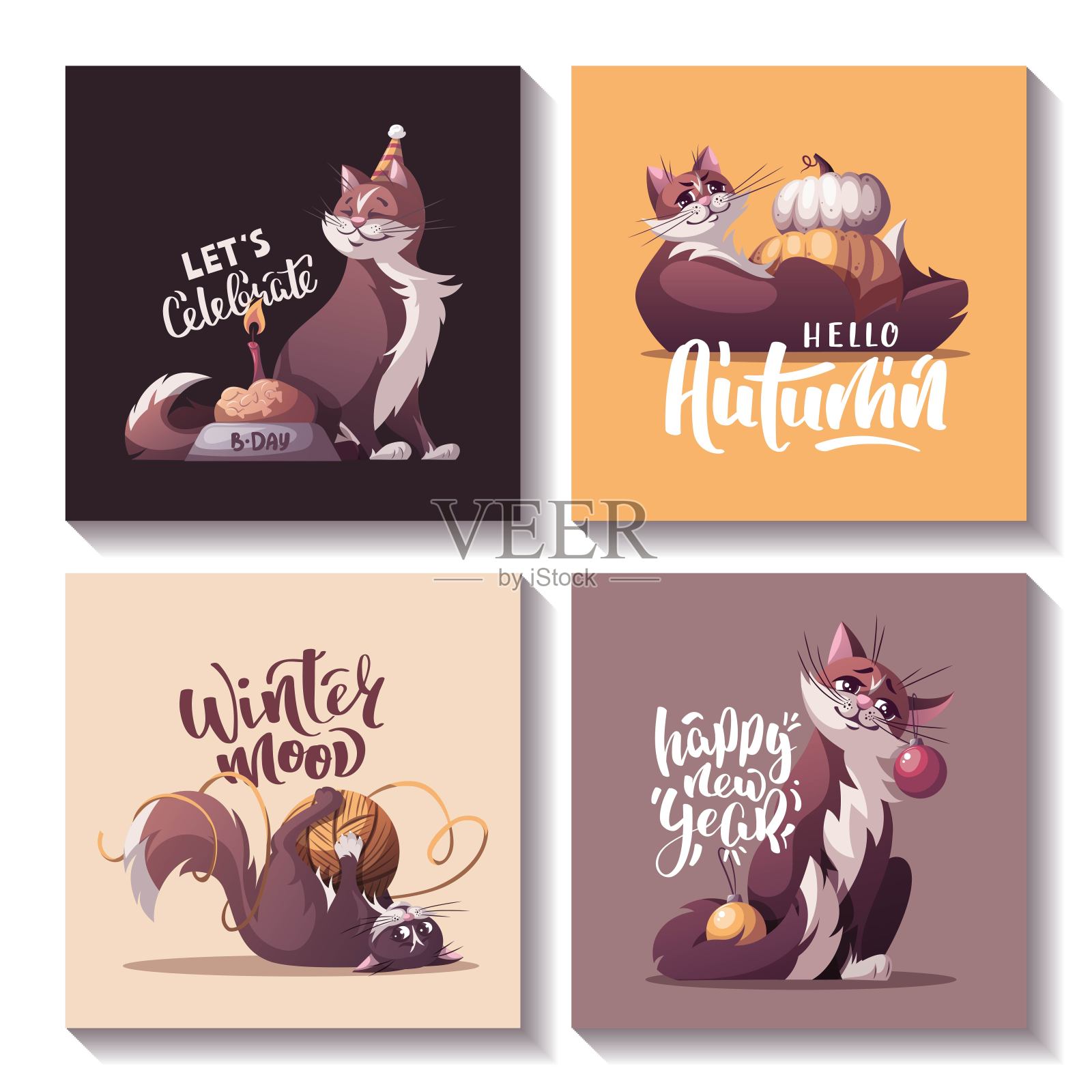 一套卡片,有圣诞球,南瓜,一碗猫粮。插画图片素材