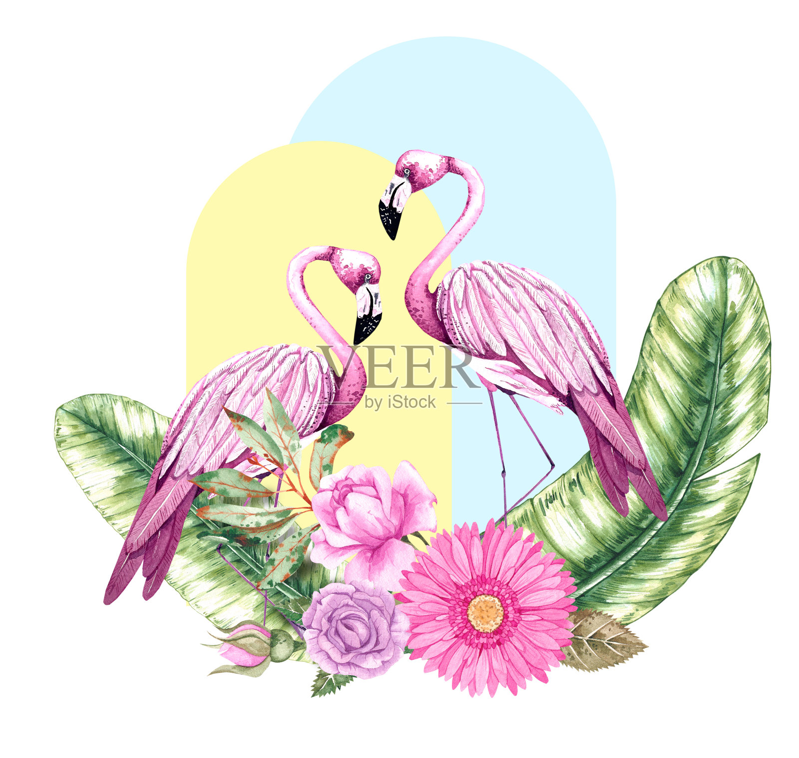 热带几何构图以火烈鸟、香蕉叶、鲜花为主插画图片素材