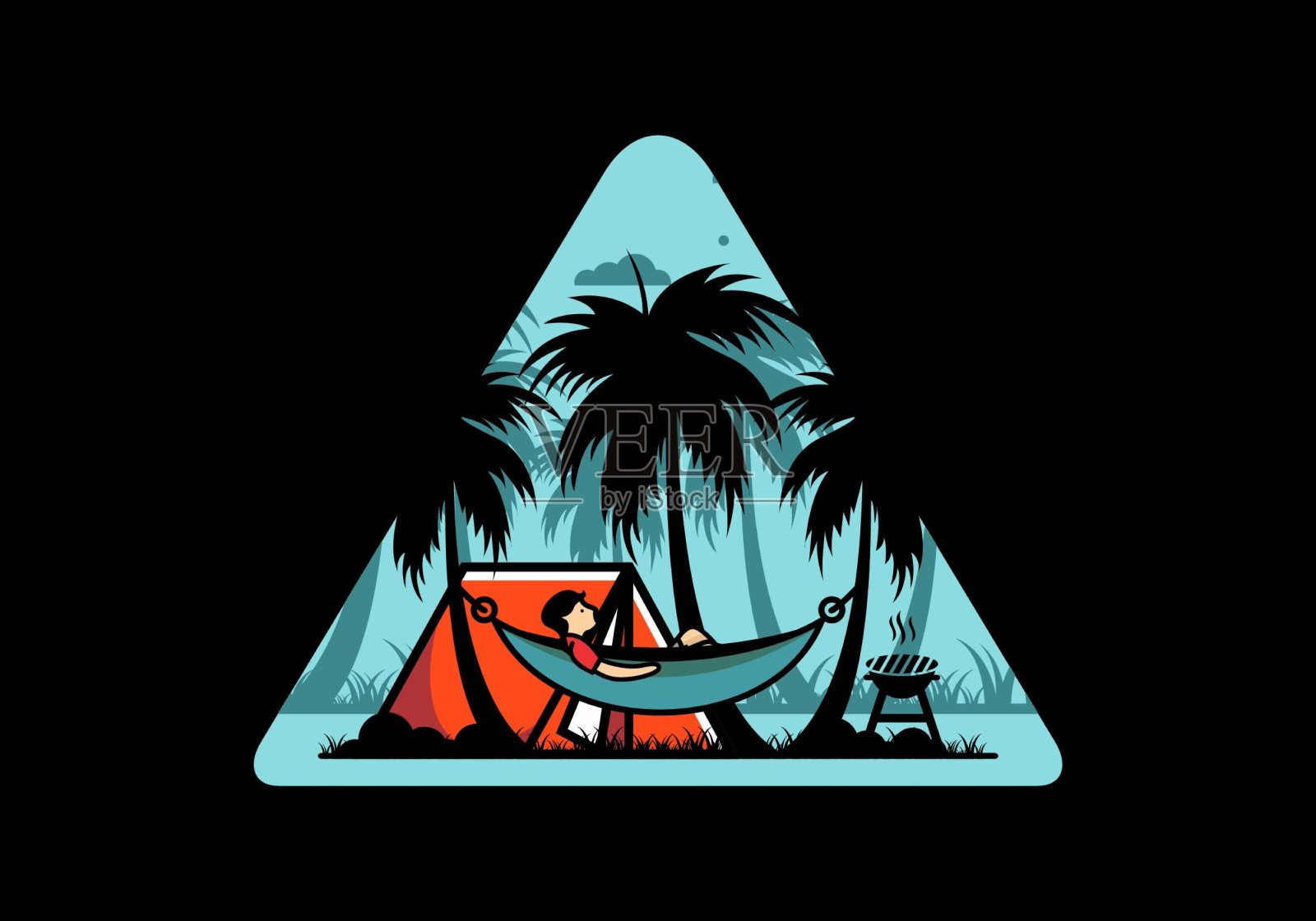 带有椰子树插图的帐篷和吊床插画图片素材