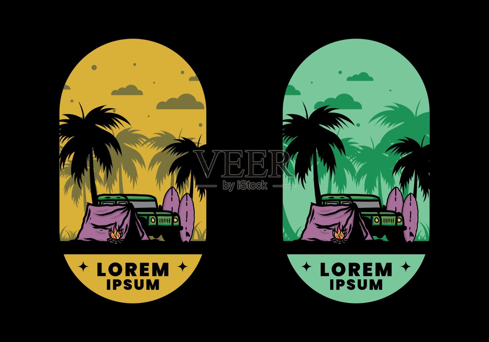 在海滩上和越野车露营插画图片素材