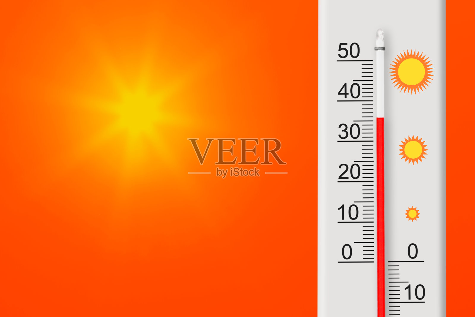 摄氏温度计显示正36度。红色天空中的黄色太阳。夏天热照片摄影图片