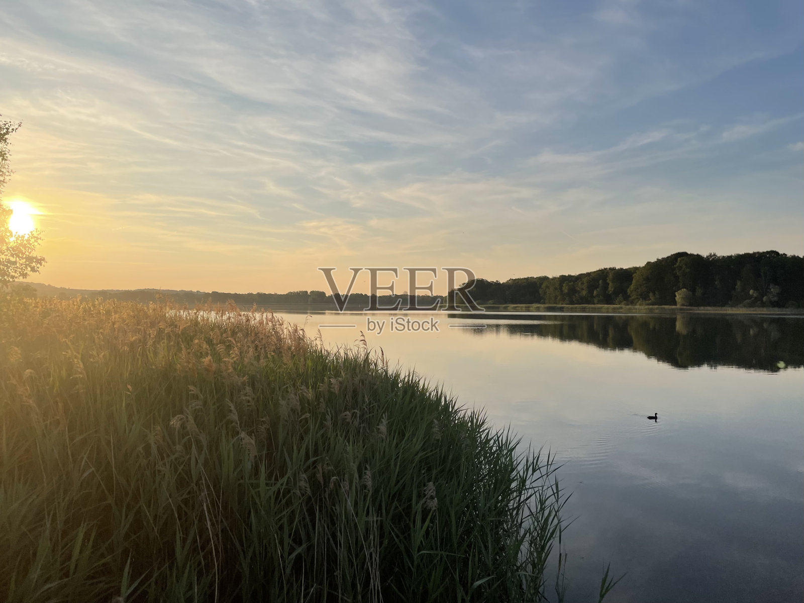 湖边的日落。照片摄影图片
