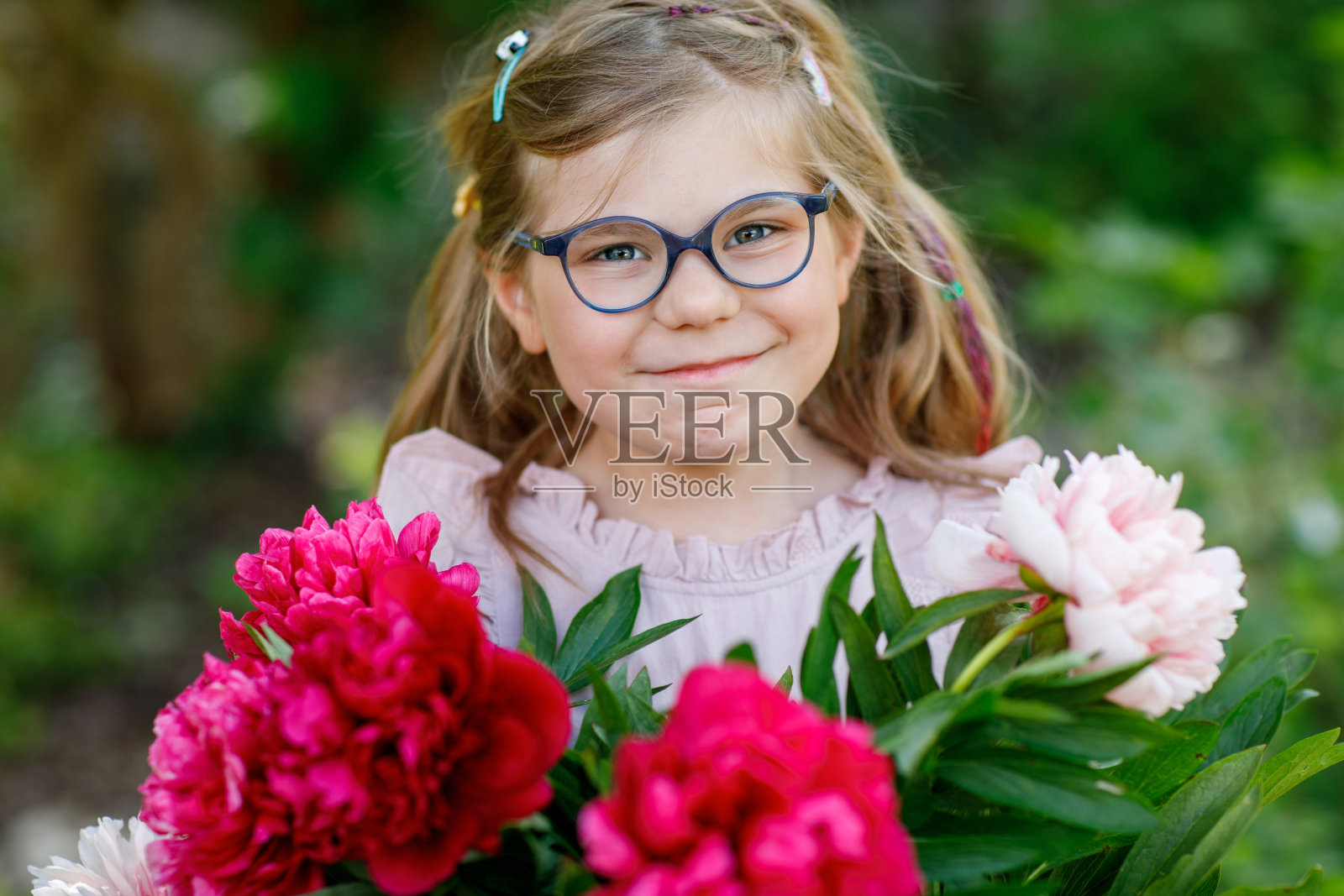 可爱可爱的幼儿园小女孩拿着一束盛开的红色和粉红色的牡丹。在温暖的春天或夏天,家庭花园里微笑的学龄前儿童肖像。夏季。照片摄影图片