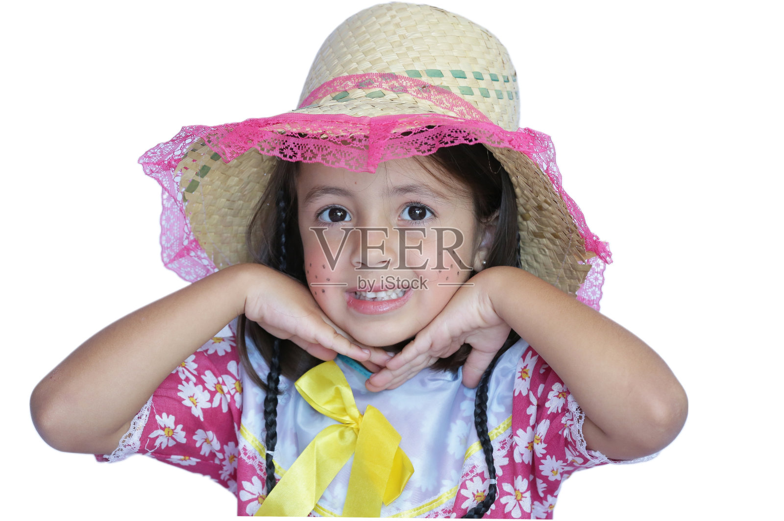 漂亮的孩子戴着白色背景的帽子。照片摄影图片