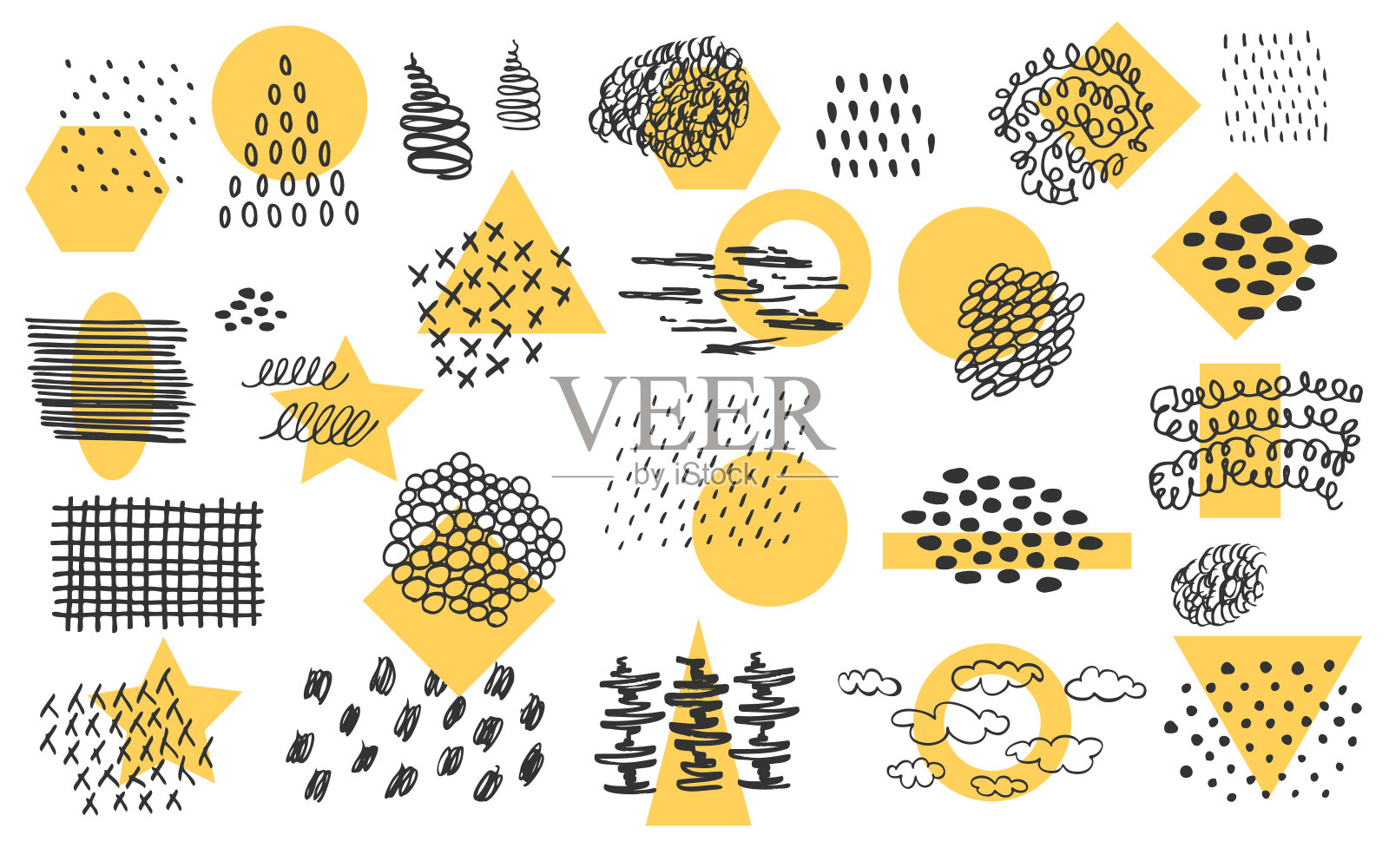 现代抽象集合拼贴最小的设计集在时尚的波普艺术风格。手绘黑色墨水skrubble与简单的几何黄色形式星形,方形,圆形,环形,三角形矢量插图插画图片素材