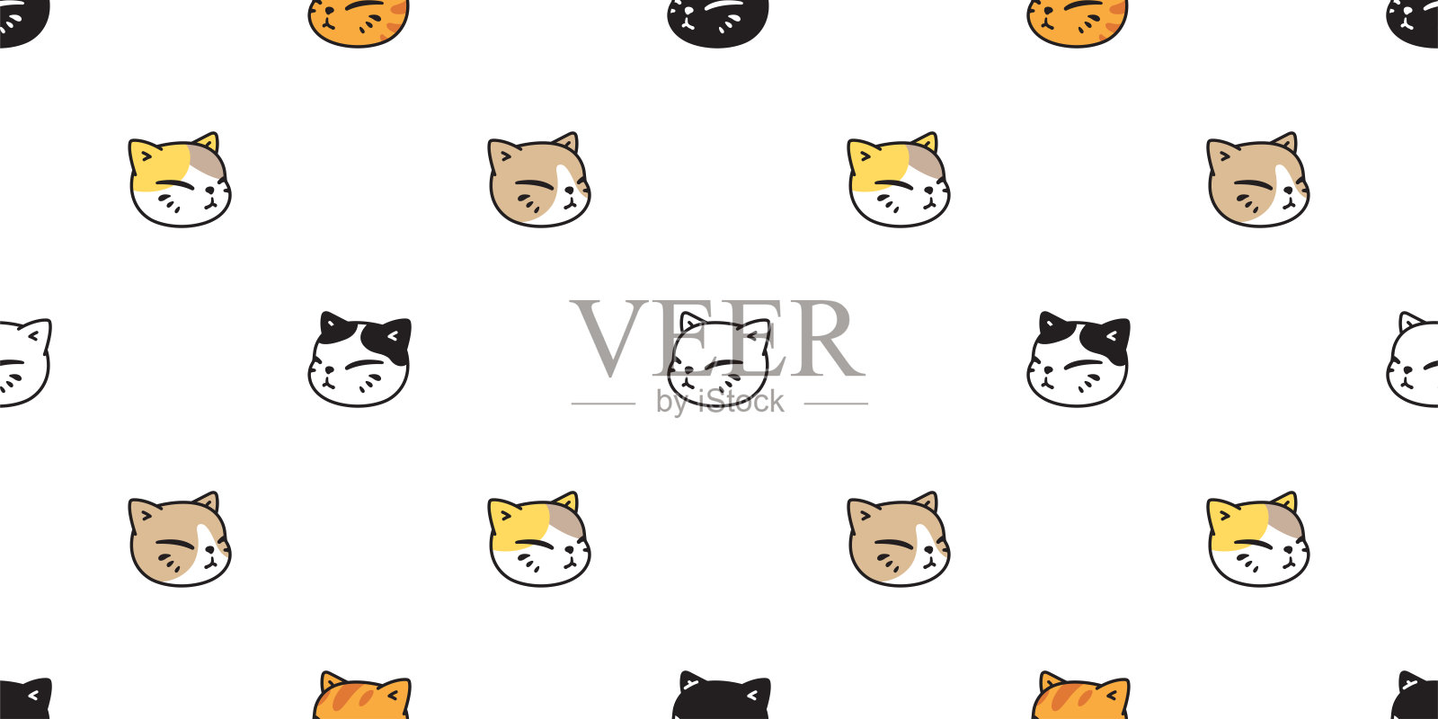 猫无缝图案小猫矢量印花布脸头neko卡通人物品种宠物礼品包装纸瓷砖背景重复壁纸动物涂鸦插图设计围巾孤立插画图片素材