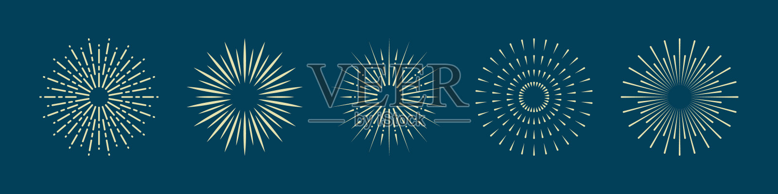 圆太阳爆发,太阳爆发图标集。摘要:火花烟花,星爆。古董装饰。放射光象形图。阳光,圆射线,日出符号集合。孤立矢量图插画图片素材