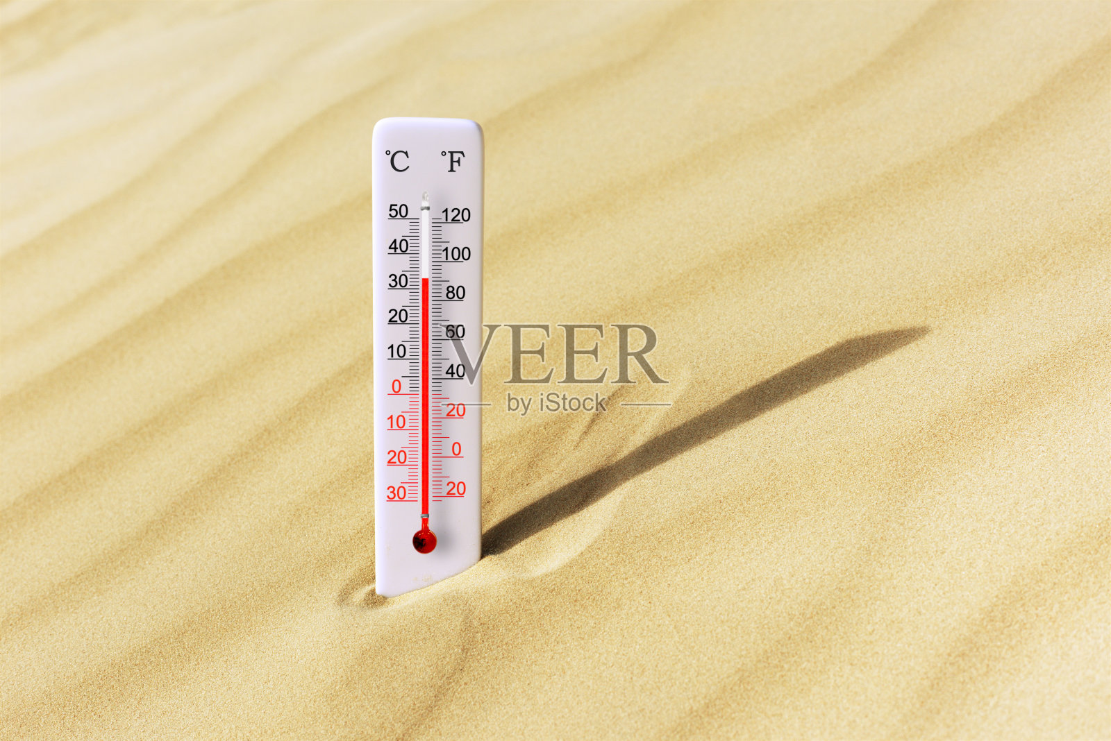 炎炎夏日的海岸。沙子里的摄氏和华氏温度计。环境温度加上33摄氏度照片摄影图片