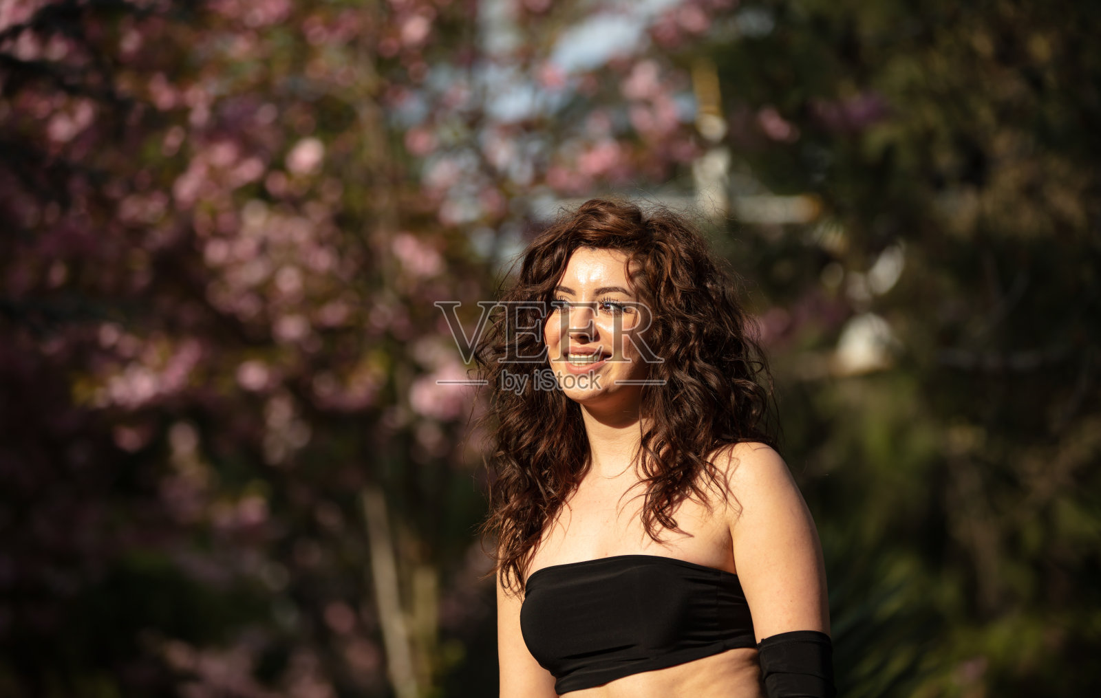 一头卷发的黑发女人的肖像。照片摄影图片