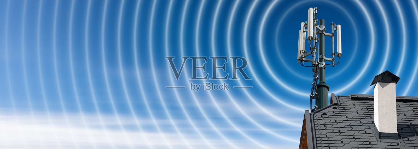 房顶上有天线的电信塔照片摄影图片