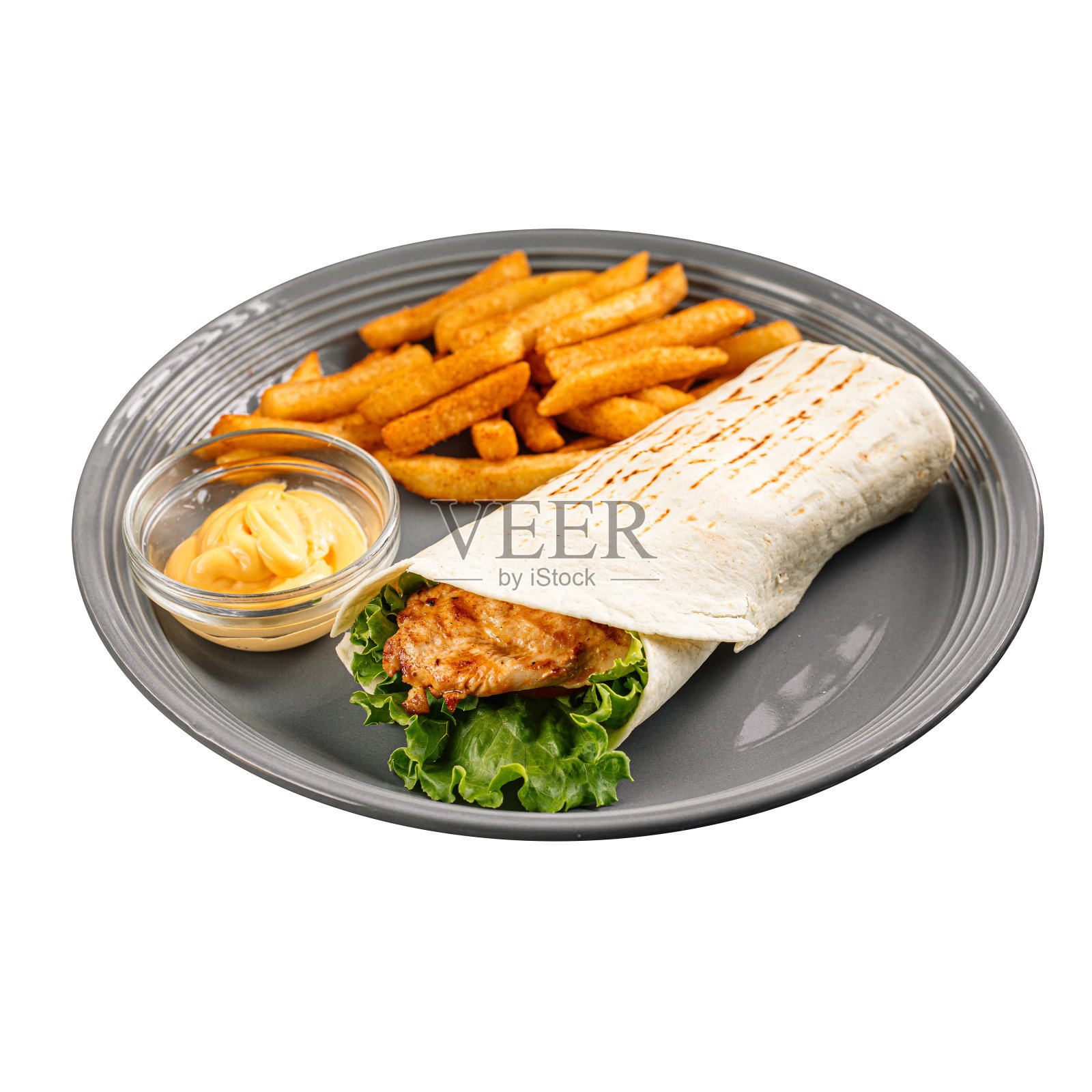 单独的一盘鸡肉玉米饼和土豆照片摄影图片