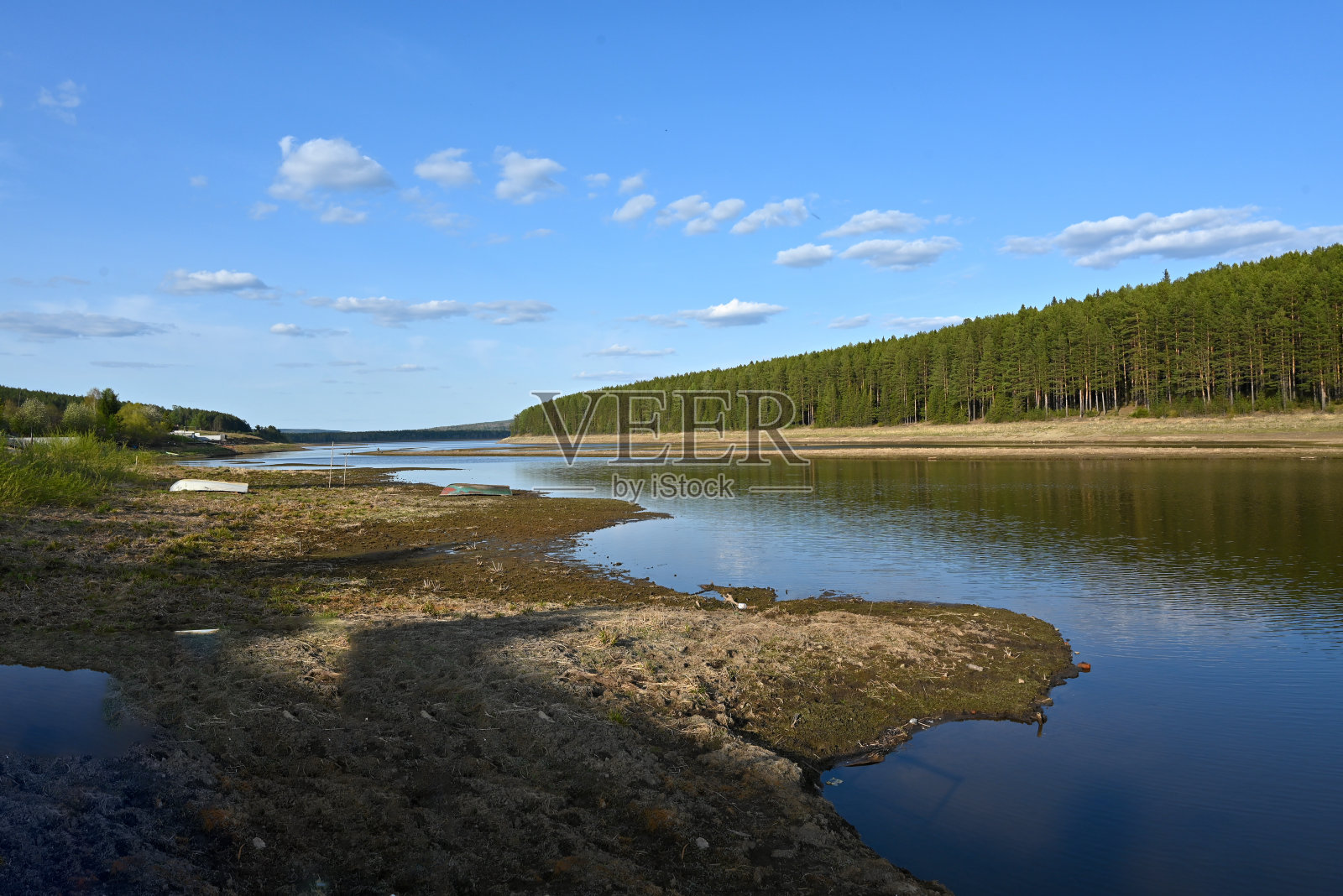 河在森林里,衬着蓝天白云照片摄影图片