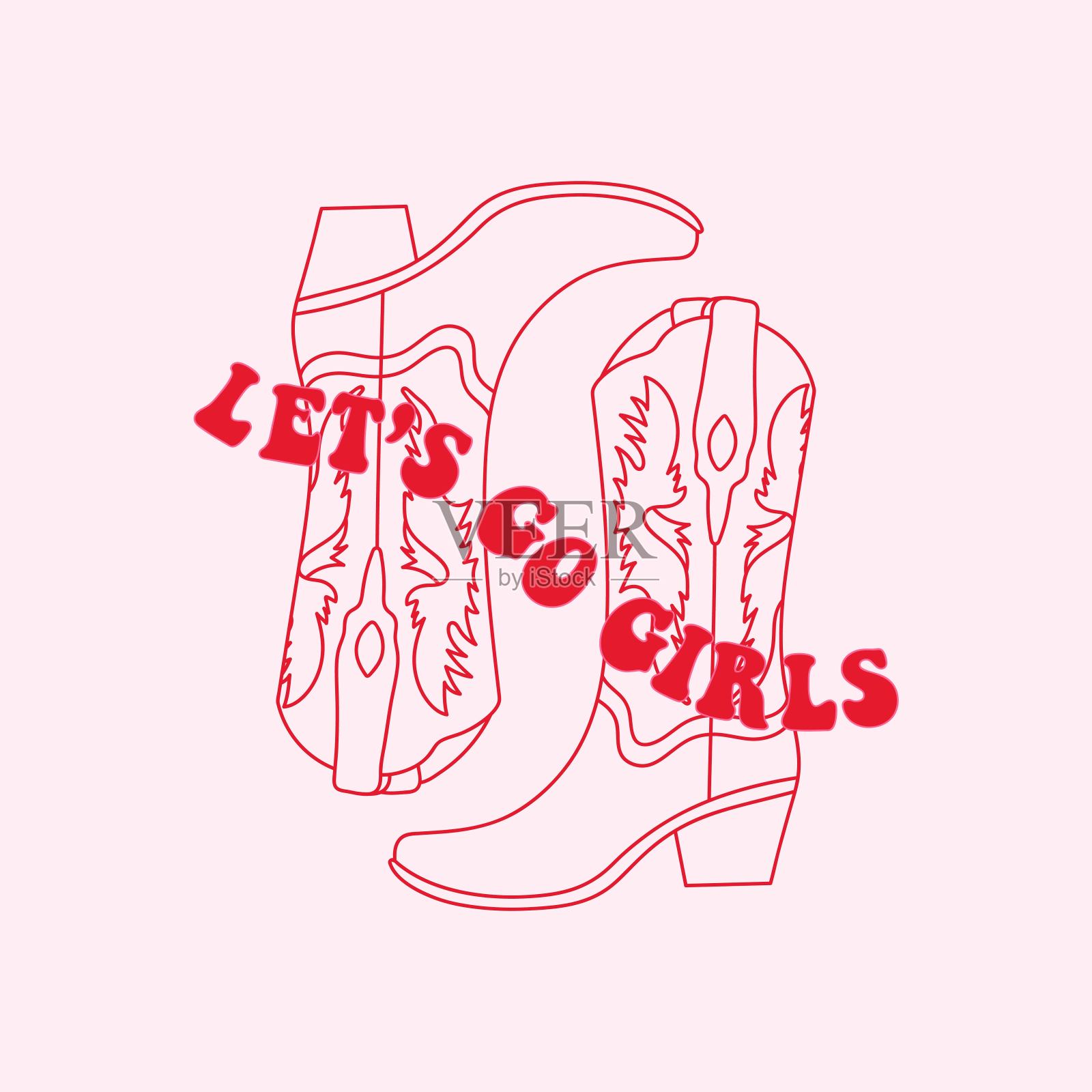 复古线性牛仔女靴与字母。让我们开始吧。西部牛仔和狂野西部主题。插画图片素材