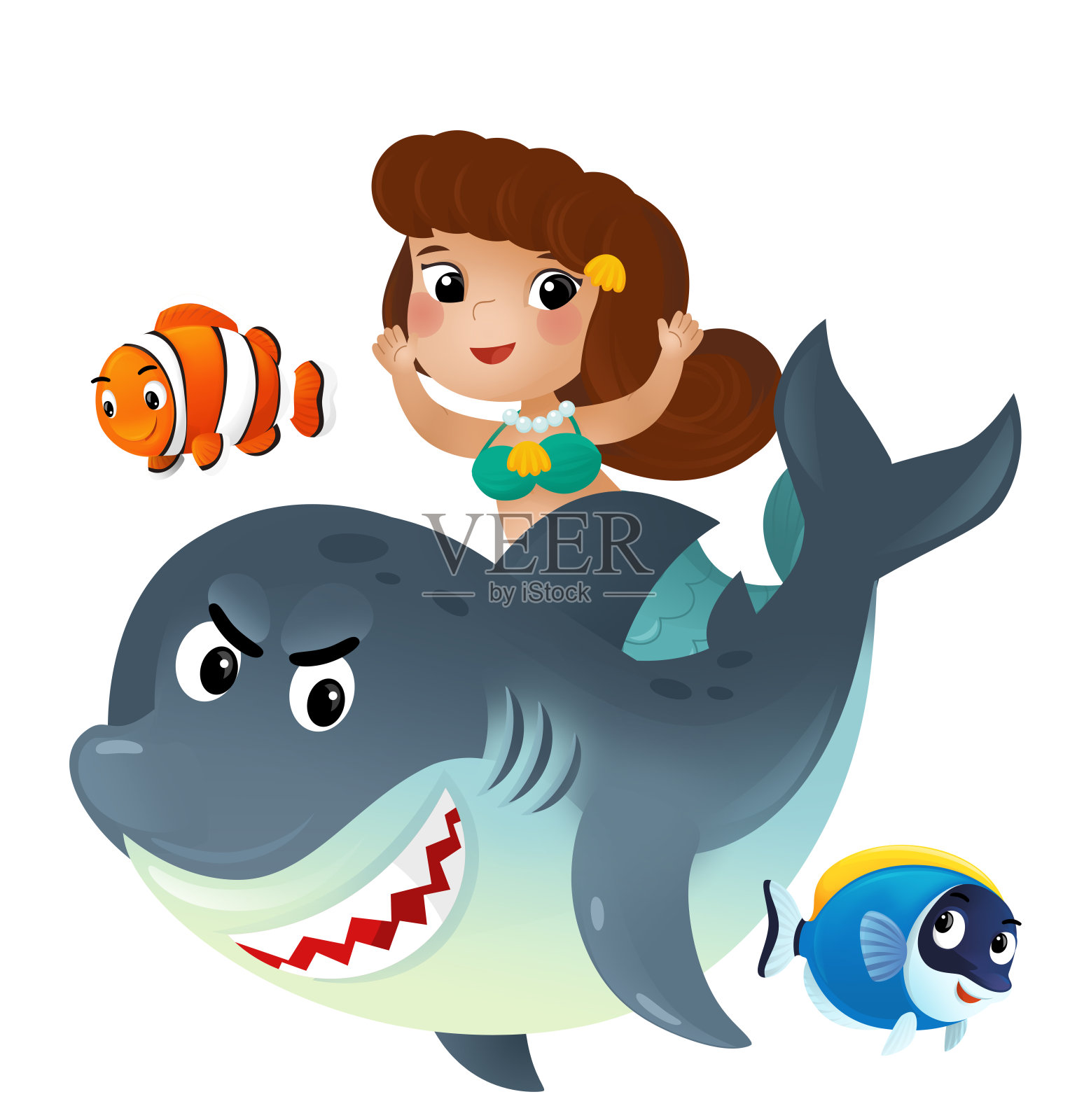 卡通场景与美人鱼,公主和鲨鱼一起游泳与珊瑚礁鱼的乐趣孤立插图的孩子插画图片素材