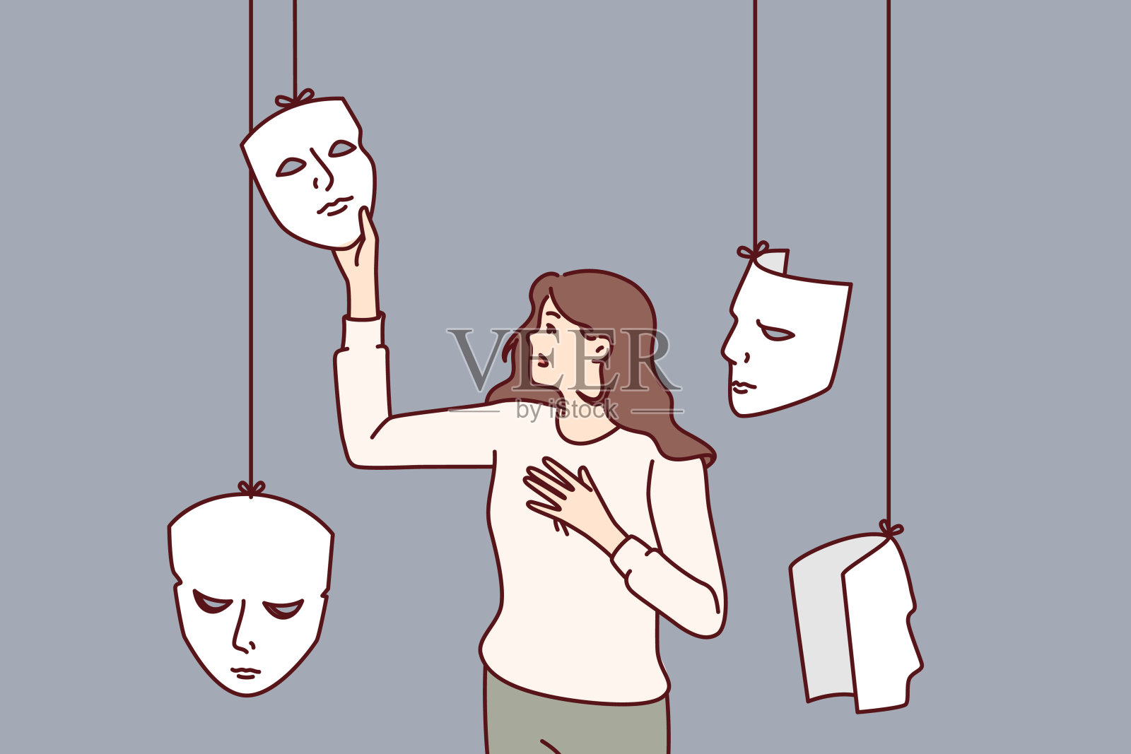 女演员为戏剧选择面具或替代情感欺骗对话者插画图片素材