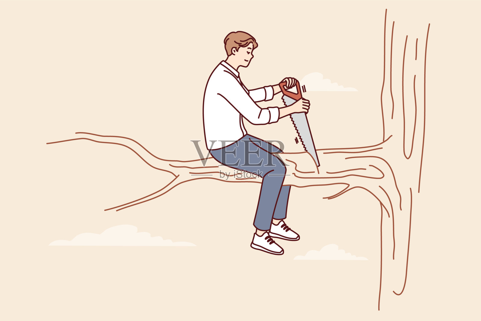 一个人看到树枝上坐着,象征着关于愚蠢和短视的谚语插画图片素材