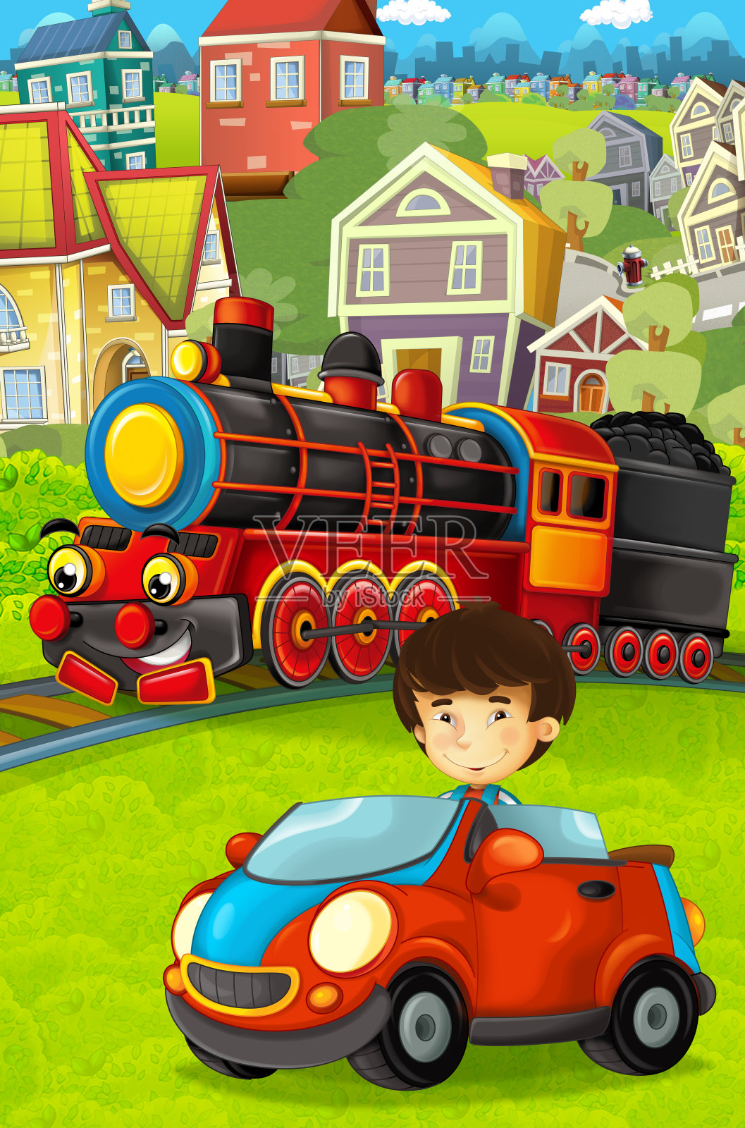 卡通城市的场景,孩子带着汽车玩具在轨道上的tran附近玩耍插画图片素材