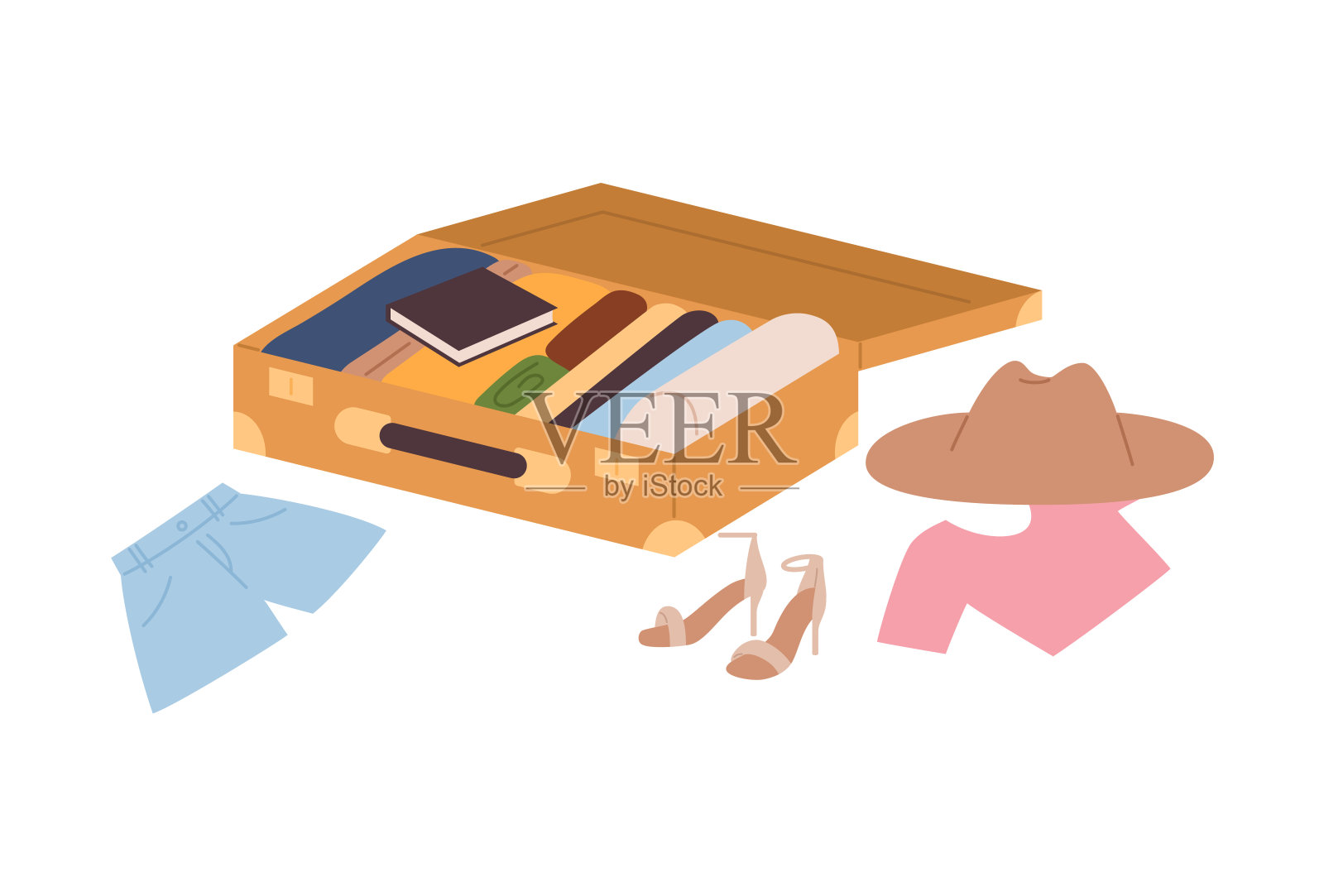 散落的衣服周围的手提箱,平面矢量插图孤立的白色背景。插画图片素材