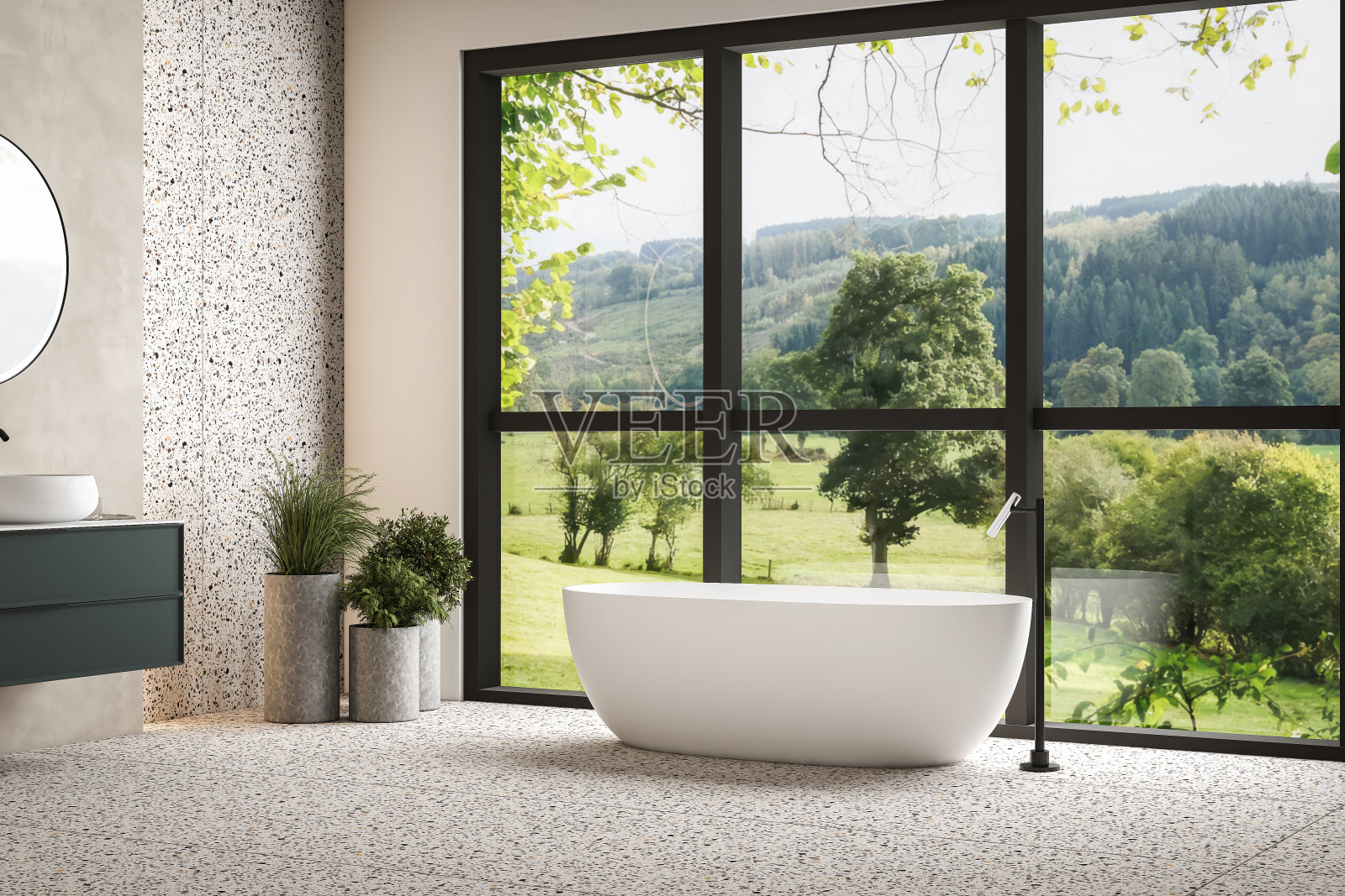 现代极简的浴室内饰,绿色浴室柜,白色水槽,木质梳妆台,室内植物,浴室配件,白色浴缸,混凝土墙,水磨石地板。三维渲染照片摄影图片